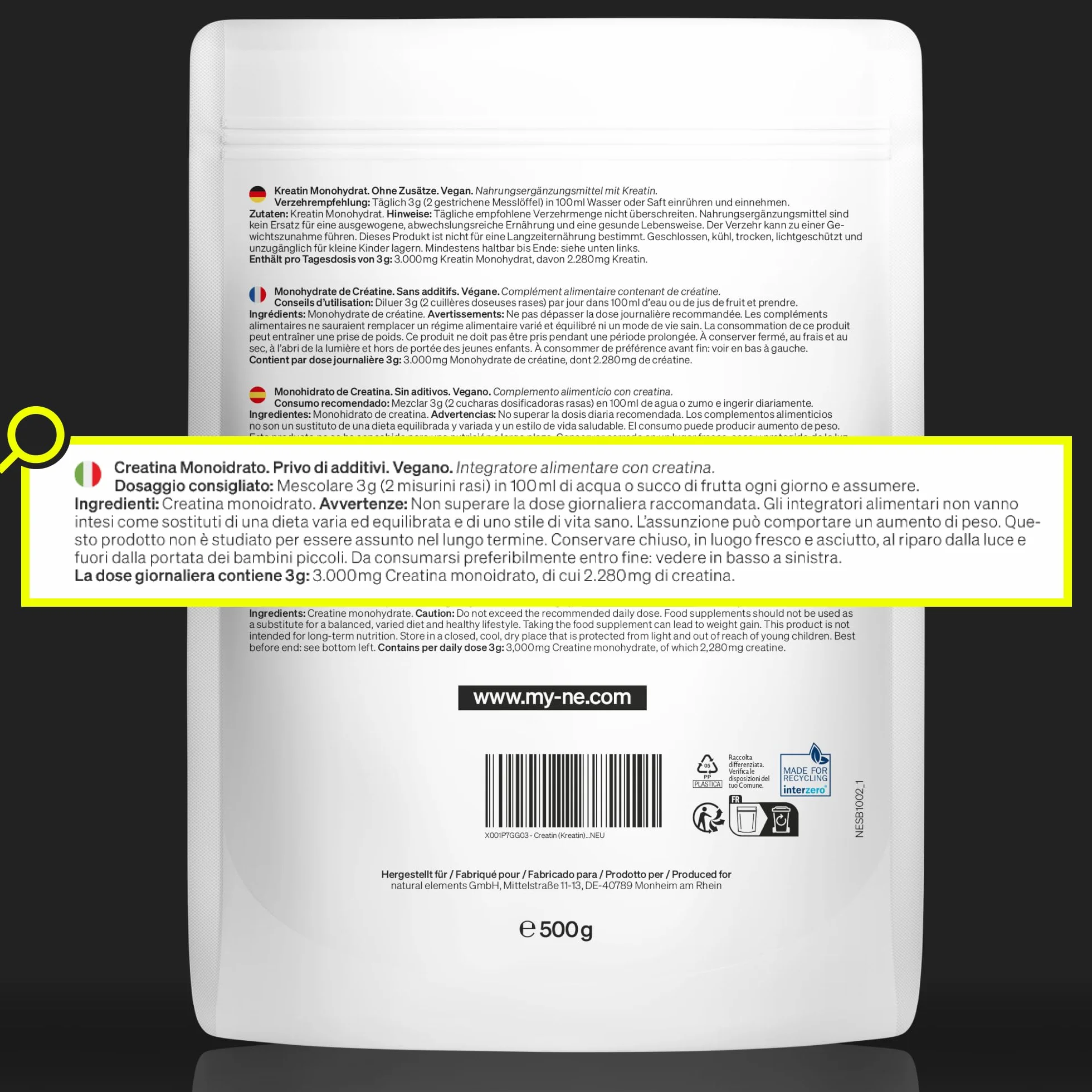 Creatina Monoidrata, 500g Polvere Ultrafine (mesh 200), Integratore per Allenamento, Sport, Palestra e Pre, prodotta e testata in Laboratorio in Germania, senza Additivi inutili, con Misurino, Vegan