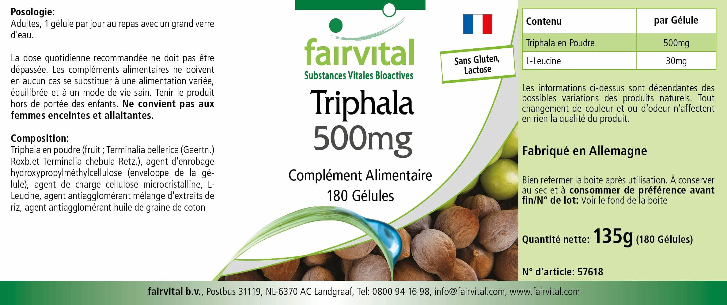 fairvital Triphala 500 mg, 180 capsule vegane, tripla frutta ayurvedica, Amalaki, Haritaki, Bibhitaki, qualità testata e ad alto dosaggio, Made in Germany