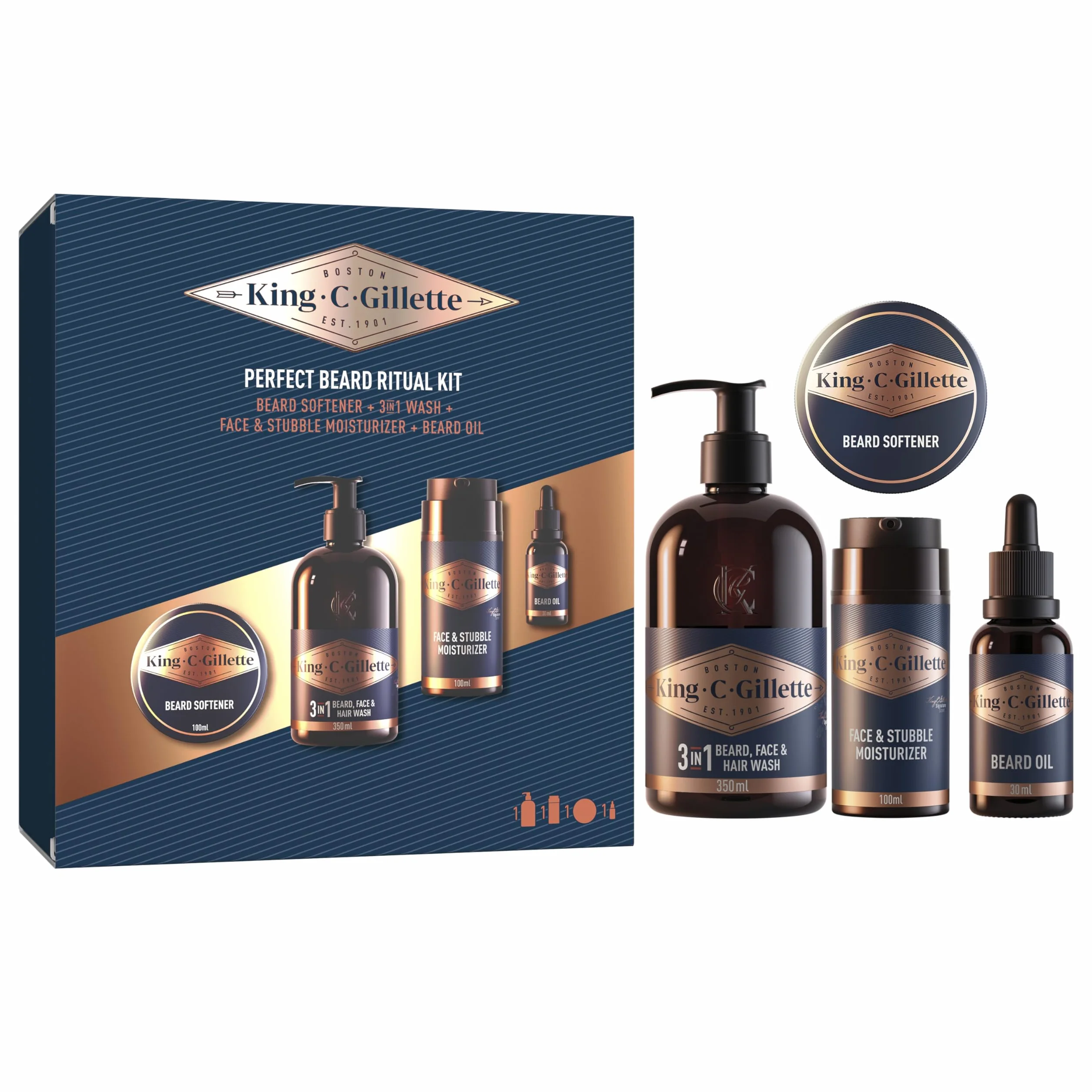 King C. Gillette Kit Rituale Barba Perfetta, con Detergente Barba e Viso 350ml+ Balsamo Barba 100ml, Idratante Barba e Viso 100ml + Olio da Barba30 Ml