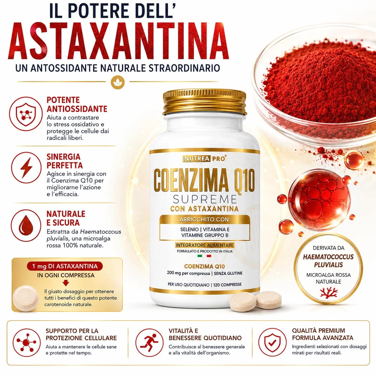 Coenzima Q10 200mg con Astaxantina 1mg |Coenzima Q10 migliore stabilità del normale q10 ubichinolo| Q10 Coenzima complex formulata con coq10 Astaxantina Vitamina E B12 B6 B2| NUTREAPRO®