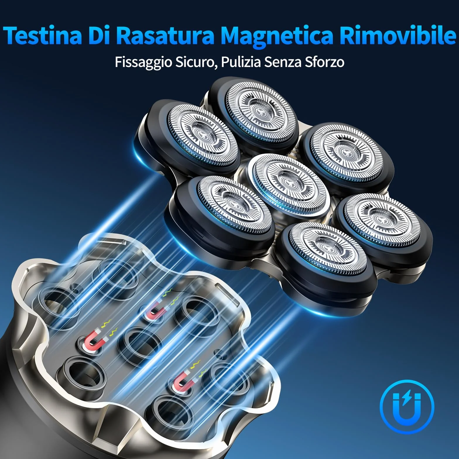 Rasoio Elettrico Uomo 7D IPX6 Impermeabile Testina Magnetica Ricarica Rapida Type-C Display LED Batteria 1200 mAh