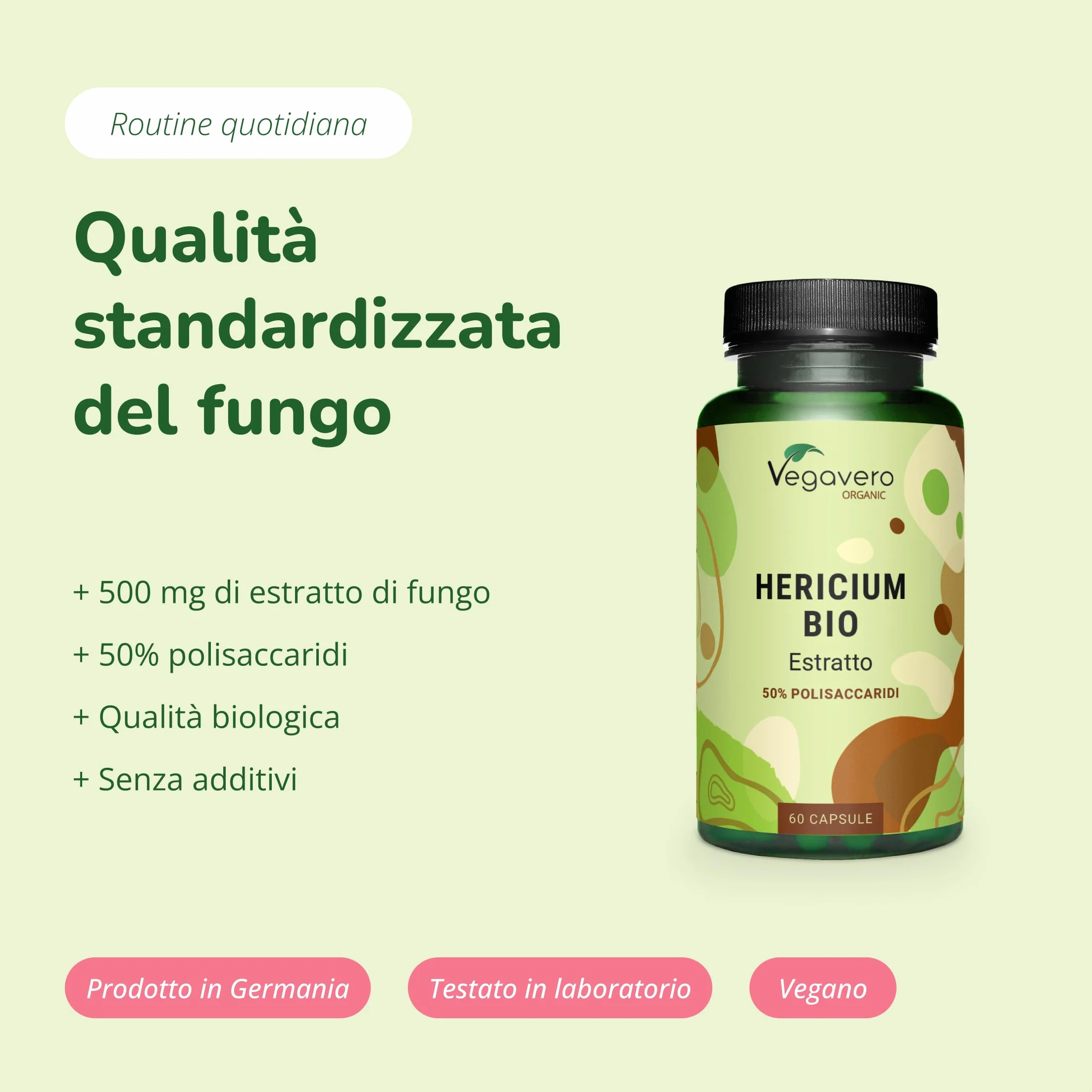 Hericium Erinaceum BIO | 50% di Polisaccaridi | Lions Mane Mushroom Biologico | Testato in Laboratorio | Sistema Immunitario | Vegano e Senza Additivi | Vegavero®