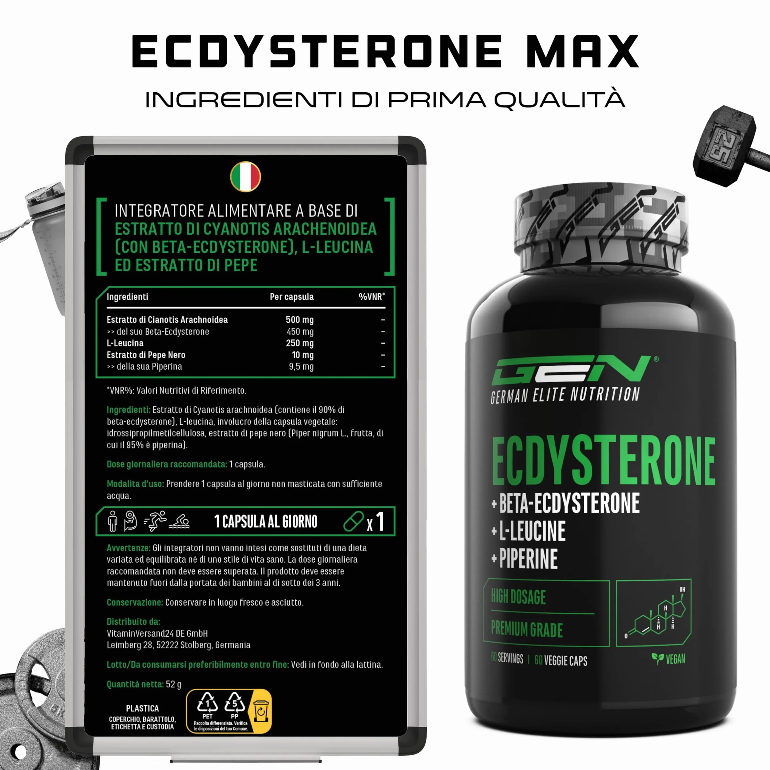 Ecdysterone Complex - Altamente dosato con 760 mg per pezzo - Premium: 90% Beta-Ecdysterone + L-Leucina + Piperina - 60 capsule - Vegan