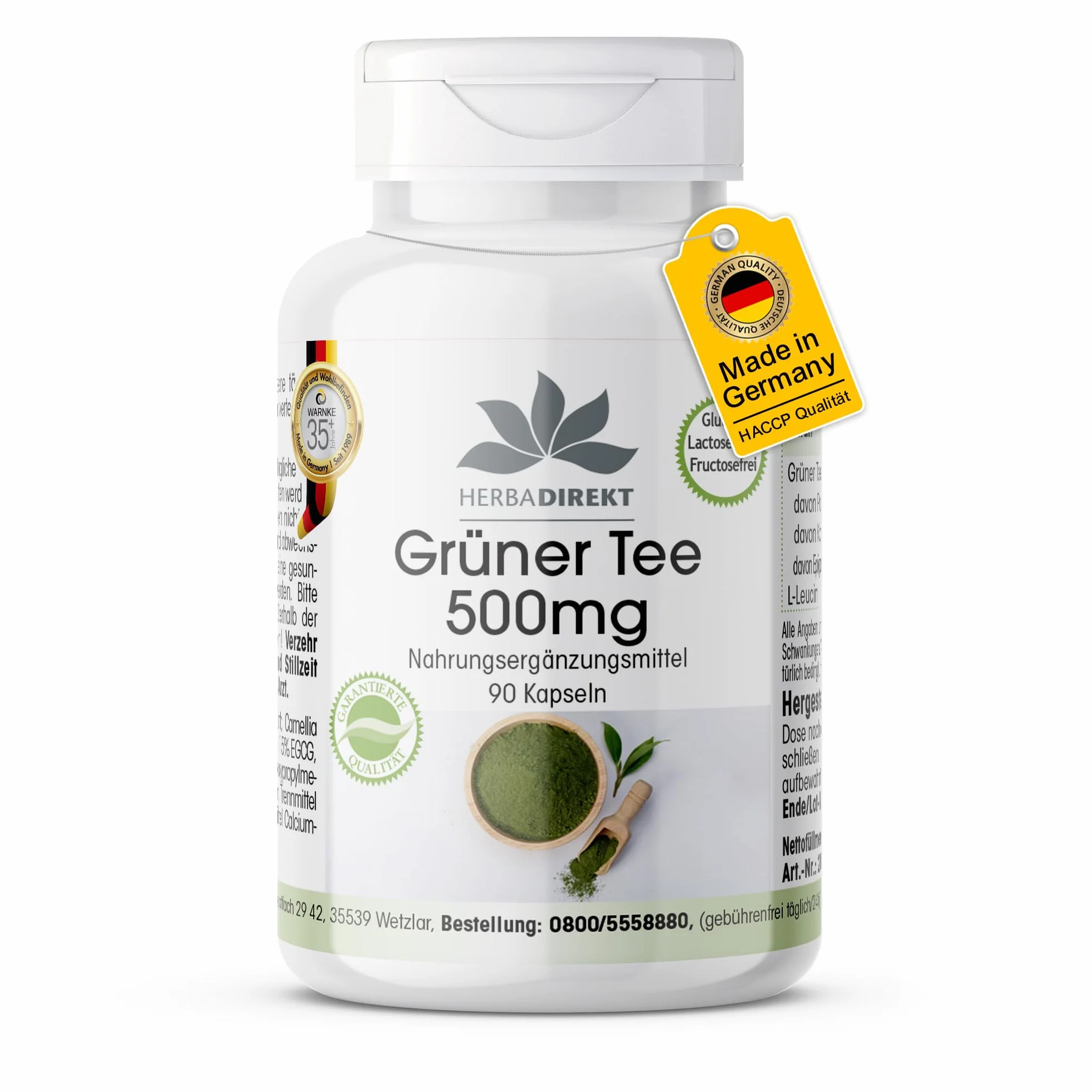 Estratto di tè verde - 90 capsule - 1500mg per dose giornaliera - EGCG - Camellia sinensis - min. 50% di polifenoli - vegano | HERBADIREKT by Warnke Vitalstoffe - Qualità farmaceutica tedesca
