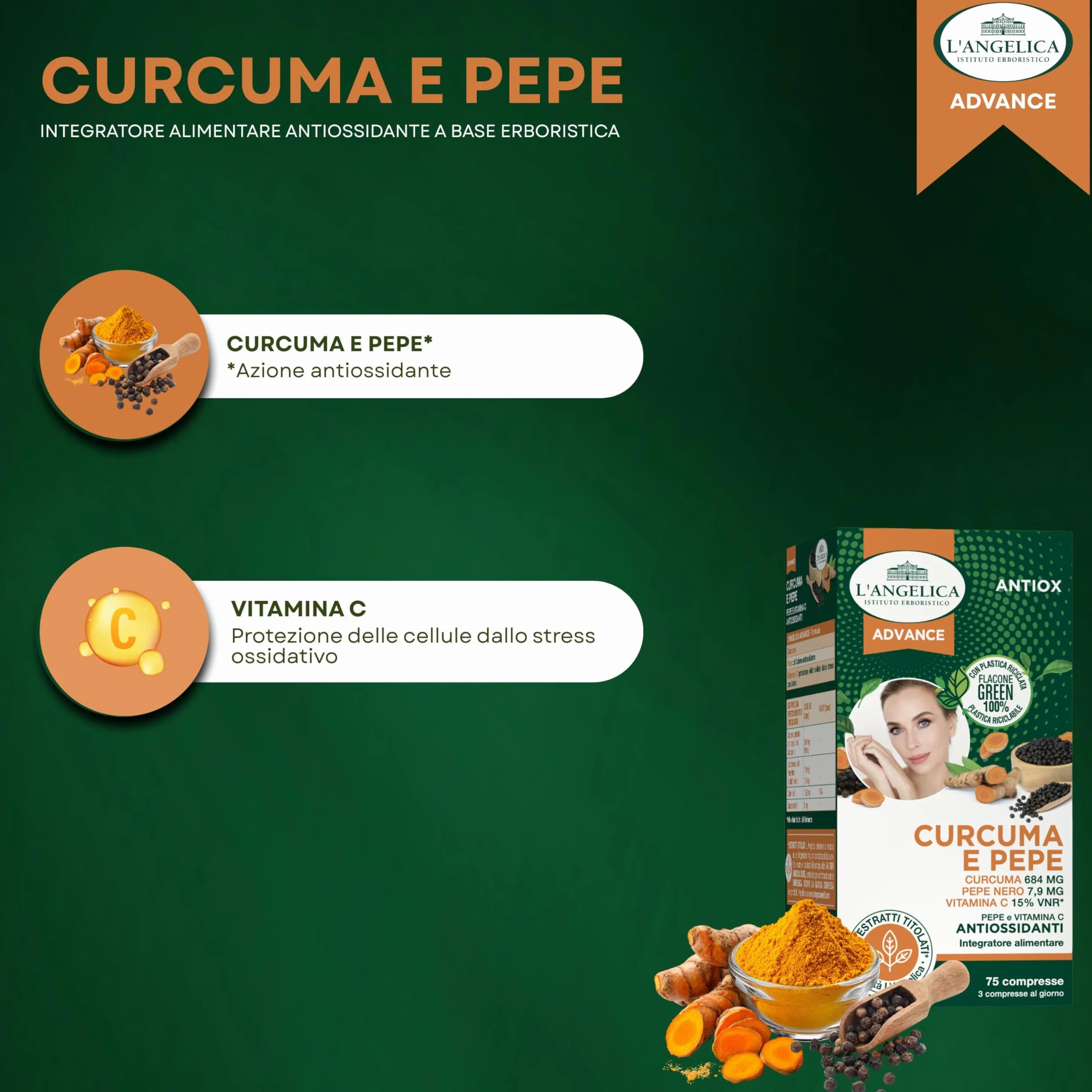 L'Angelica Integratore Curcuma e Pepe 75 Compresse Antiossidante Senza Lattosio Senza Glutine