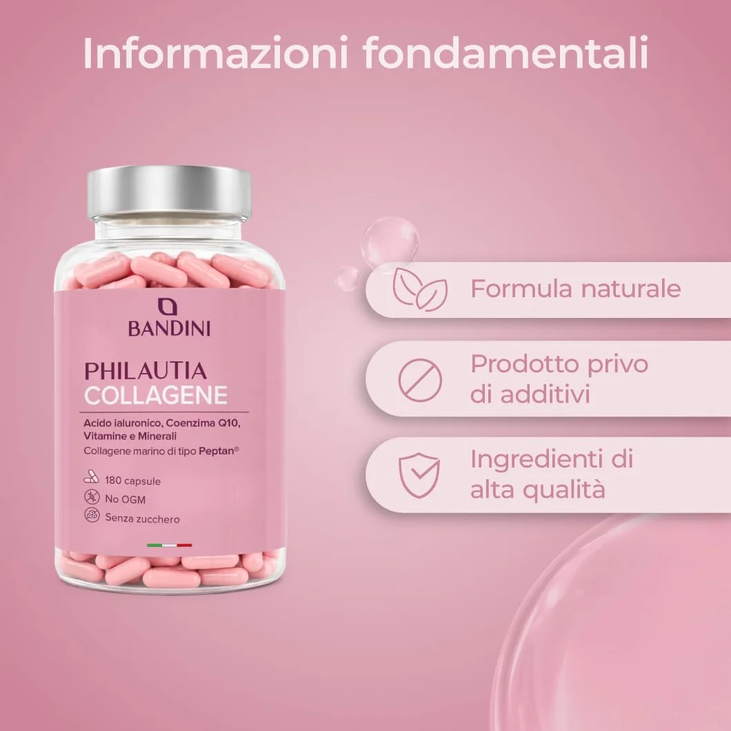 Bandini Collagene Peptan Acido Ialuronico 180 Capsule, Collagene Marino Idrolizzato Tipo 1 con Coenzima Q10, Vitamina C, Biotina, Zinco e Selenio, Integratore per Articolazioni, Pelle e Ossa