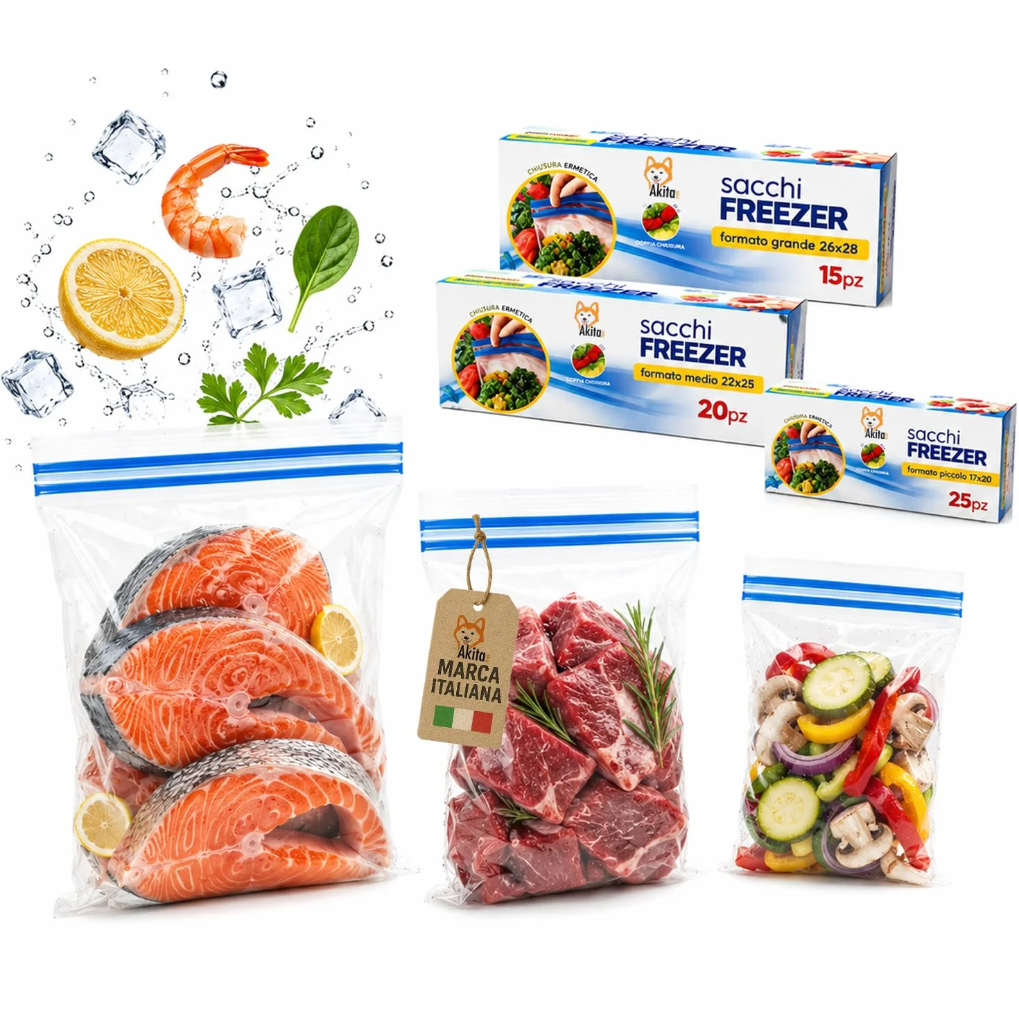 AkitaInk Set 60 Sacchetti Freezer con Chiusura Zip, Buste Gelo Alimentari Richiudibili in 3 Misure Assortite per Conservazione Cibi
