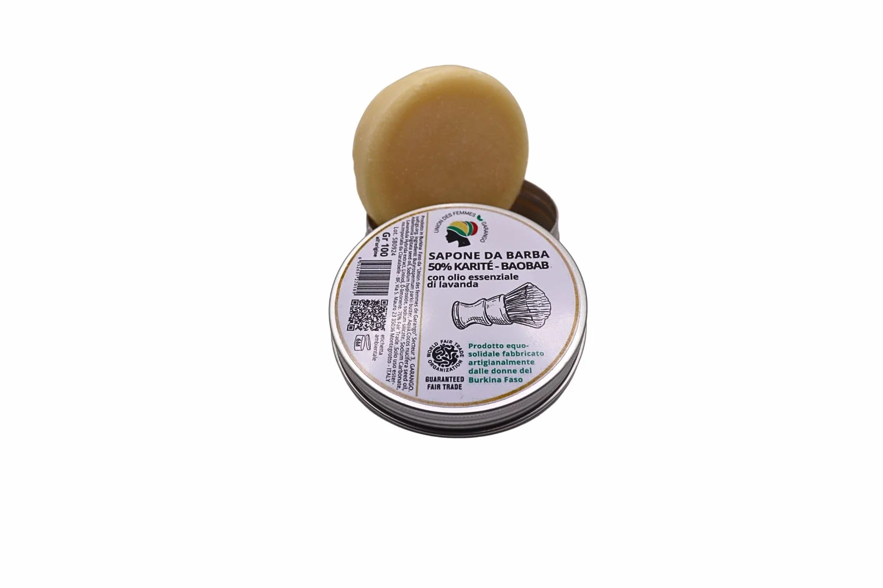 Sapone da barba 50% karité e baobab, con olio essenziale di lavanda (100 gr). Prodotto artigianale ottenuto da impasto a freddo. Cremoso e idratante. Tagliato a mano.