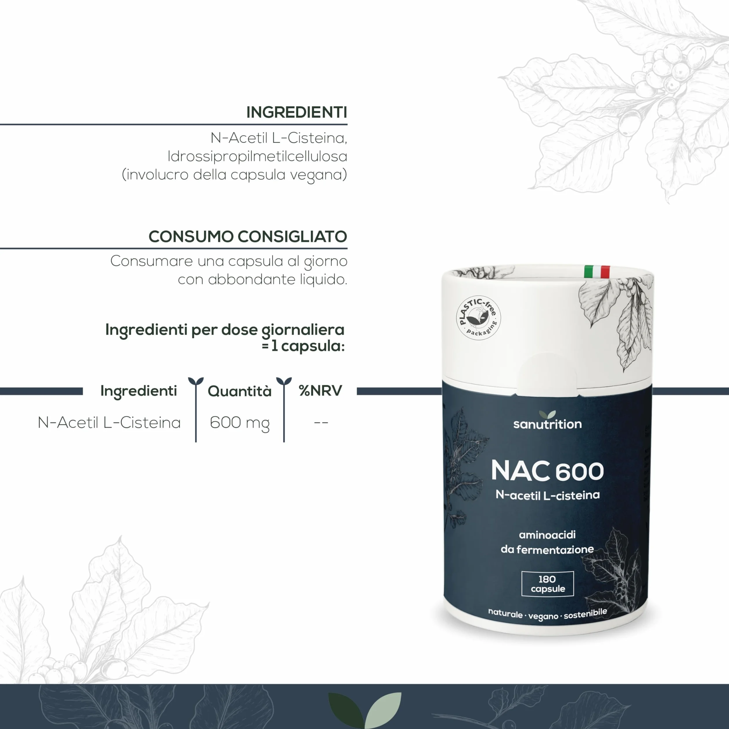 NAC 600 mg 180 kapsułek N-acetil L-cisteina 100% naturale da Mais vegano