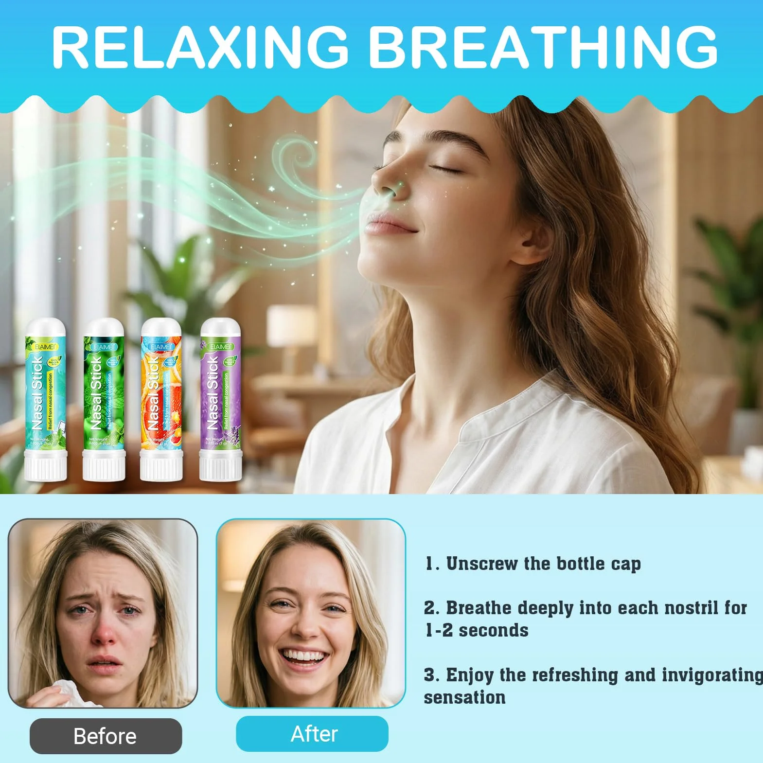 Nasal Stick 4 Pack, Bastone Nasale Agli Oli Essenziali, Effetto Fresco Lenitivo,Rilassa la Mente e il Corpo,Migliora la Concentrazione,Inalatore Nasale-Menta, Menta Piperita, Arancia, Lavanda