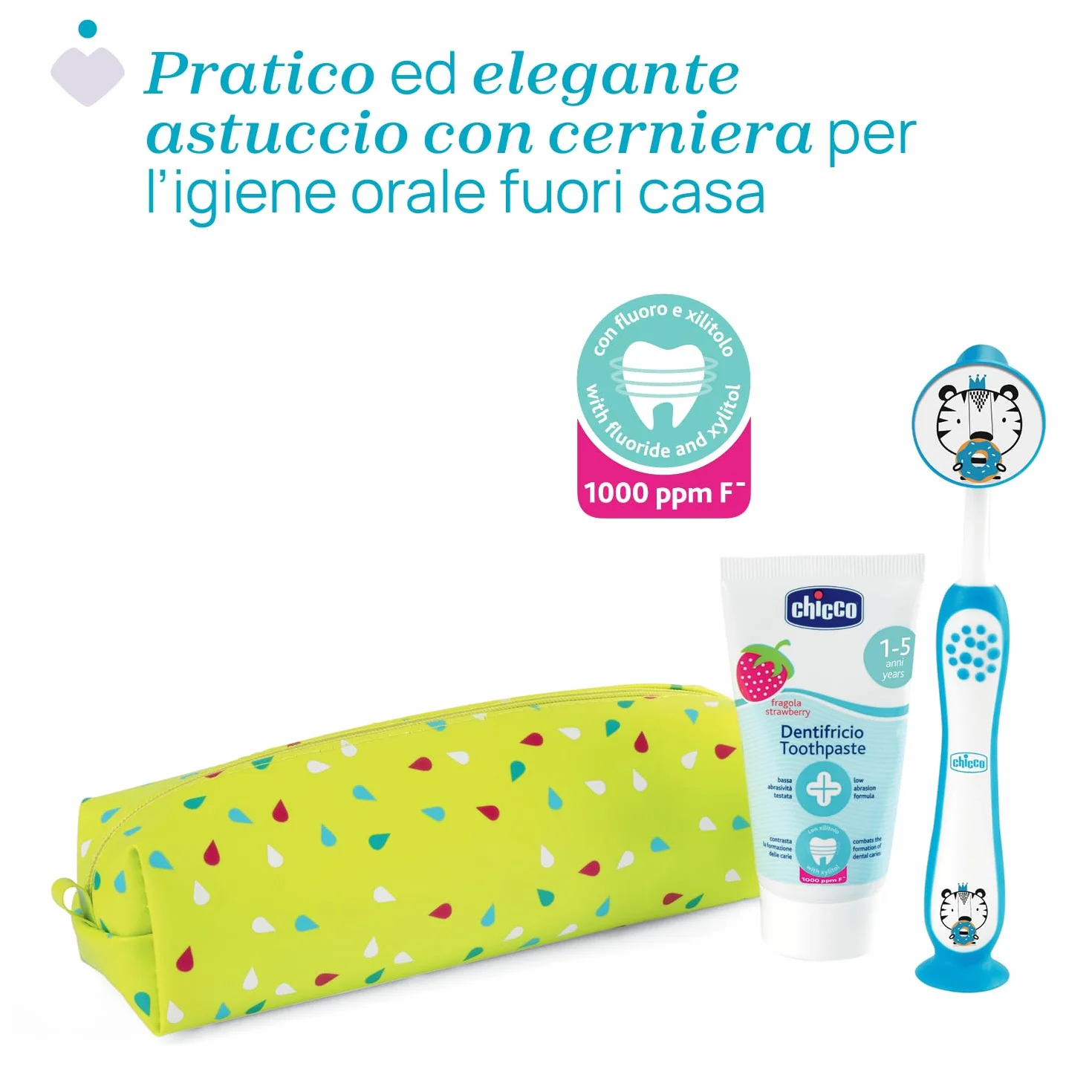 Chicco Set Spazzolino e Dentifricio per Bambini, Con Pratico Astuccio, Set Comprende Dentifricio Al Gusto Fragola e Spazzolino con Setole Morbide e Ventosa, Set da Viaggio, 3-6 Anni, Azzurro