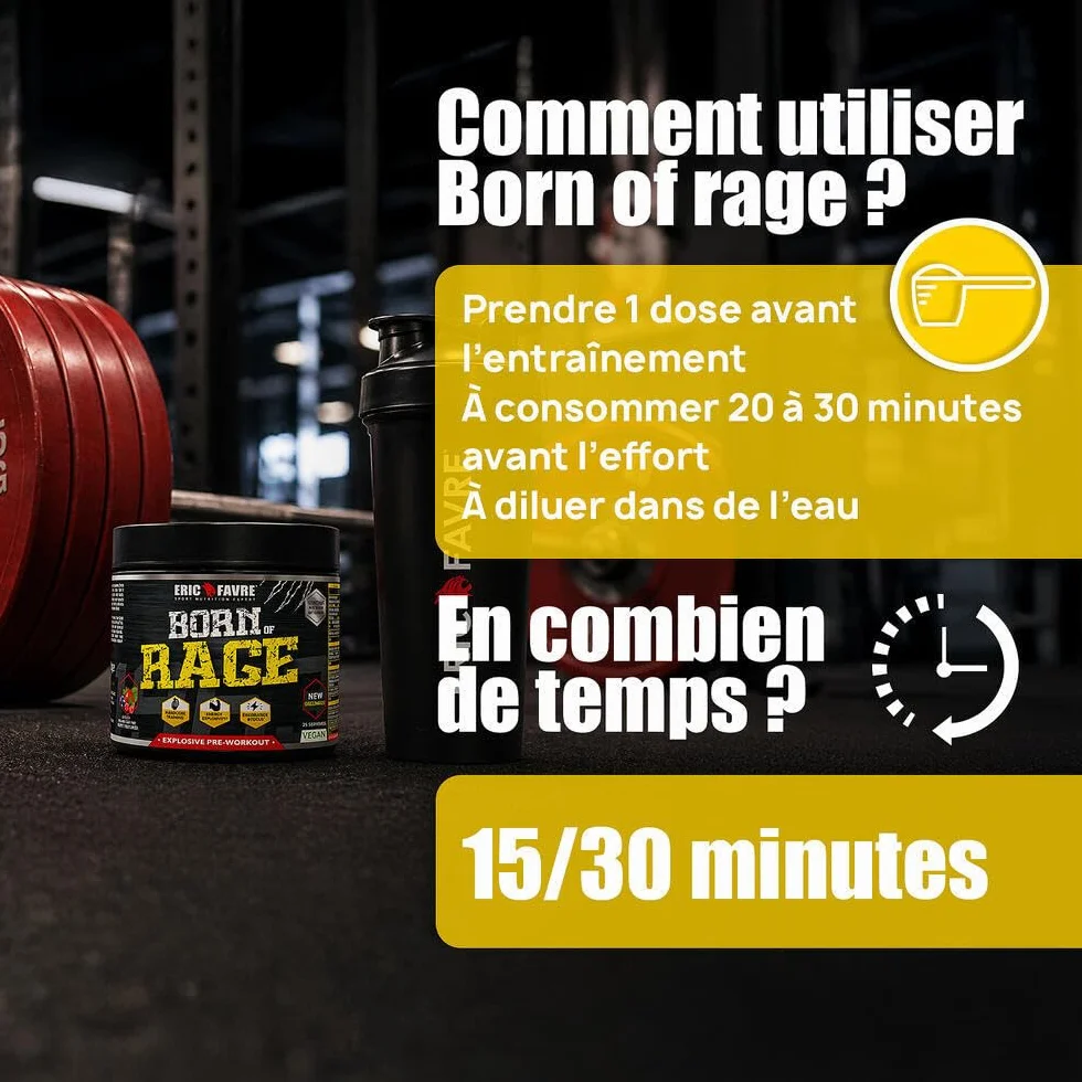 PRE- WORKOUT Born Of Rage - Polvere esplosiva vegana - Miglioramento muscolatura - Energia e resistenza - Anti fatica per allenamenti intensivi - Lotto di 2 x250 g - Laboratorio francese Eric Favre