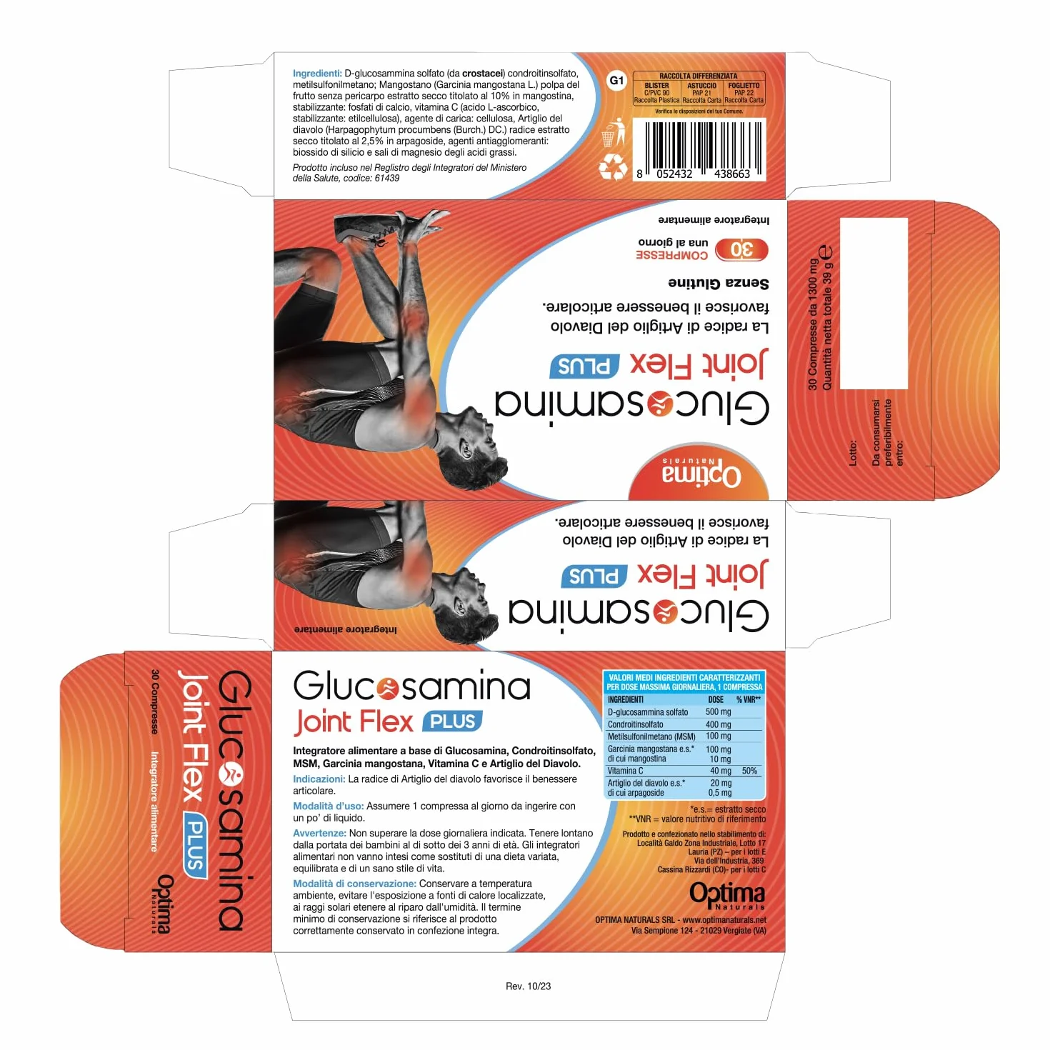 Plus integratore alimentare con Glucosamina, Condroitina, Artiglio del Diavolo e MSM, per il benessere delle articolazioni, 30 compresse Optima Naturals