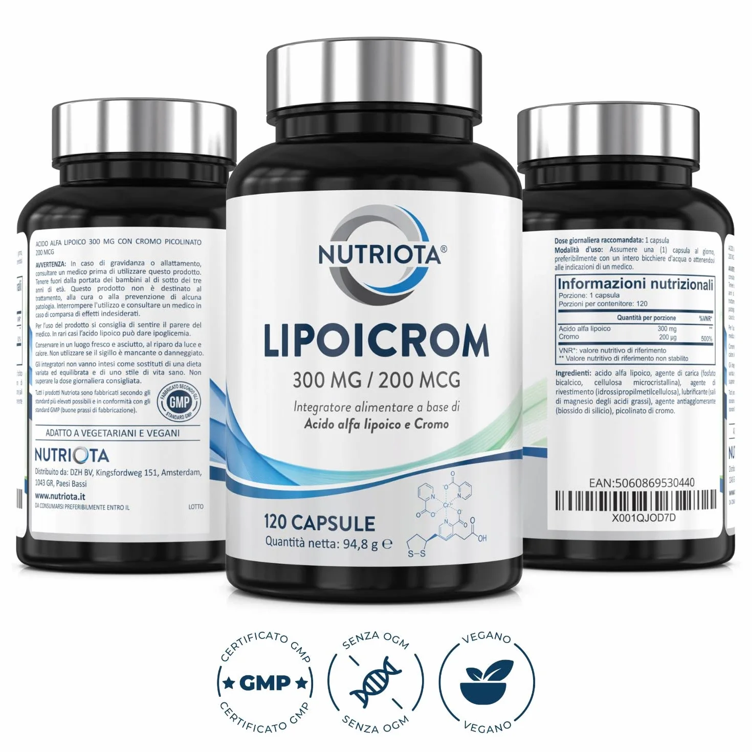 Nutriota Acido alfa lipoico 300 mg con cromo picolinato 200 mcg 120 capsule integratore alimentare