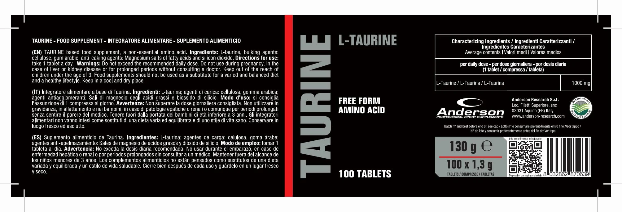 Integratore Anderson Taurine 100 Cpr Taurina 1000 mg per compressa