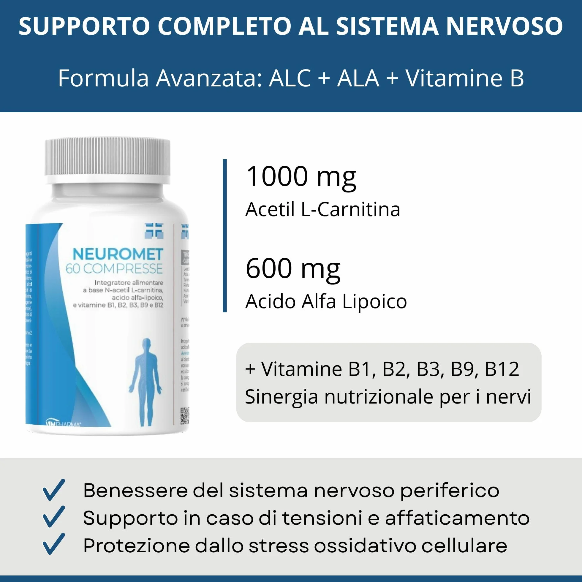 VIMPHARMA Acetil L Carnitina Acido Alfa Lipoico Niacina NEUROMET Integratore 60 Cpr Vegano