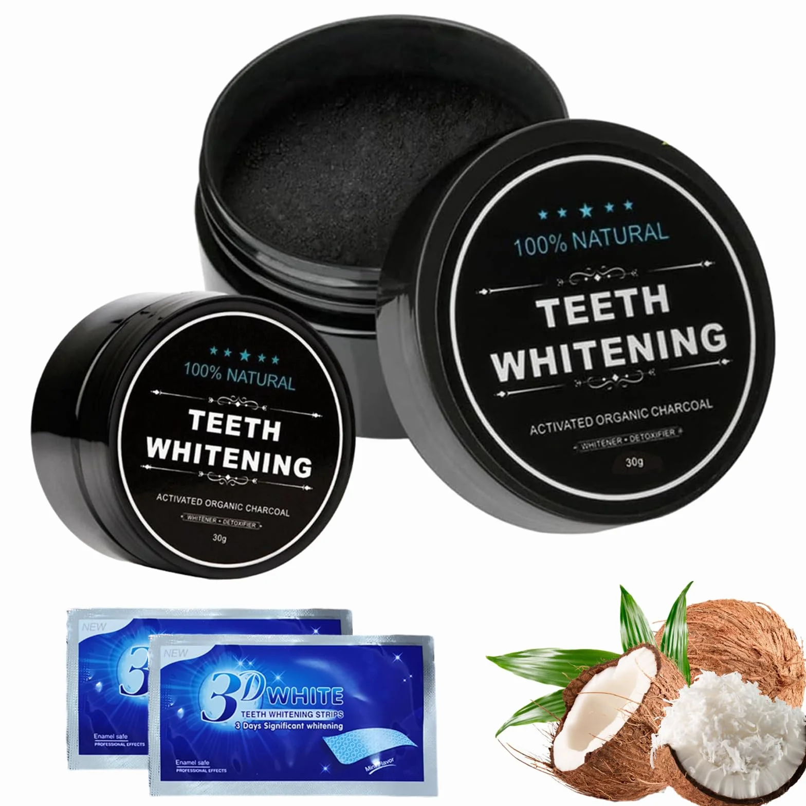 Sbiancante Dentale Polvere Sbiancante Denti con Carbonio Attivato 2 Pezzi + 2 Strisce Sbiancanti