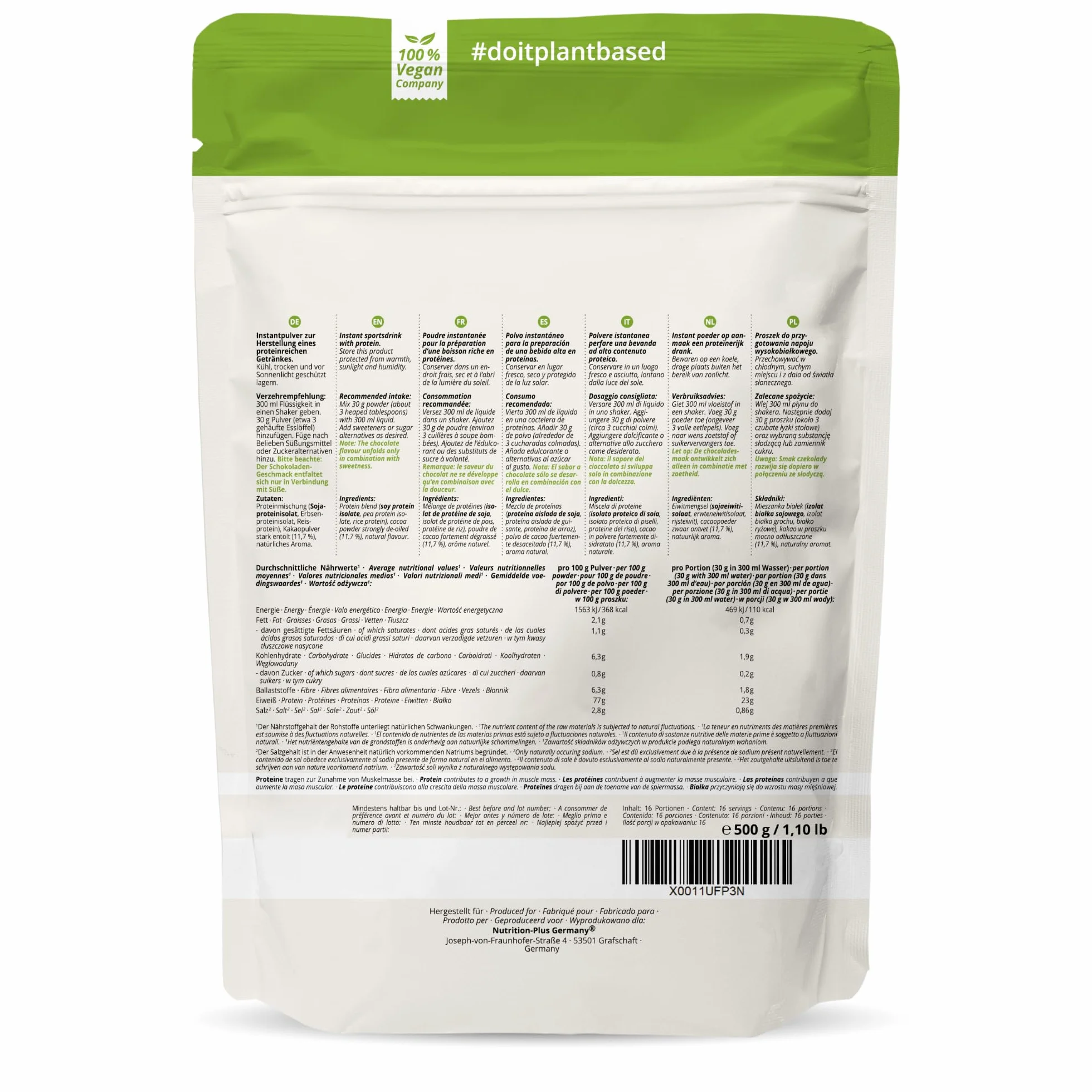 nutri+ Proteine in Polvere Naturali Cioccolato senza Edulcoranti 500g Proteina di Soia e Piselli Bibita Sportiva senza Lattosio per Shake o per Cucinare senza Glutine Vegano