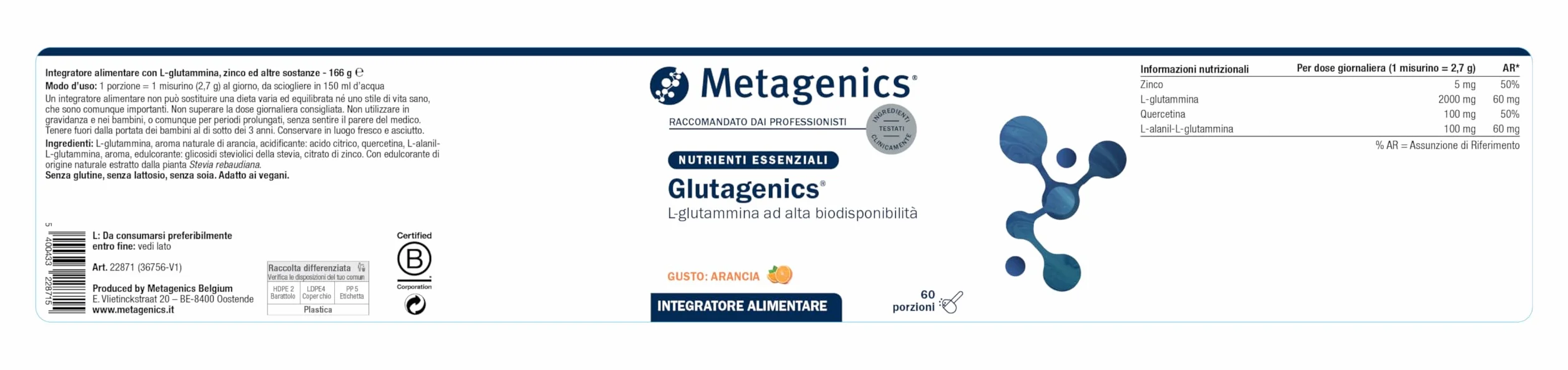 Metagenics Glutagenics ID - Fonte di L-Glutammina, Amminoacido Condizionatamente Essenziale - 60 Porzione
