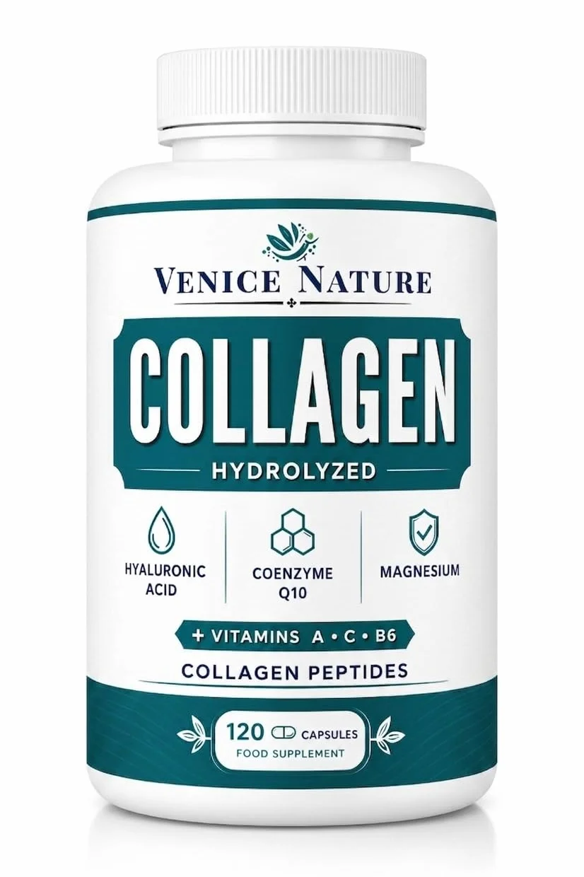 Collagene e Acido Ialuronico Integratore con Coenzima Q10 Vitamina C Magnesio Vitamina A B6 Collagen Venice Nature