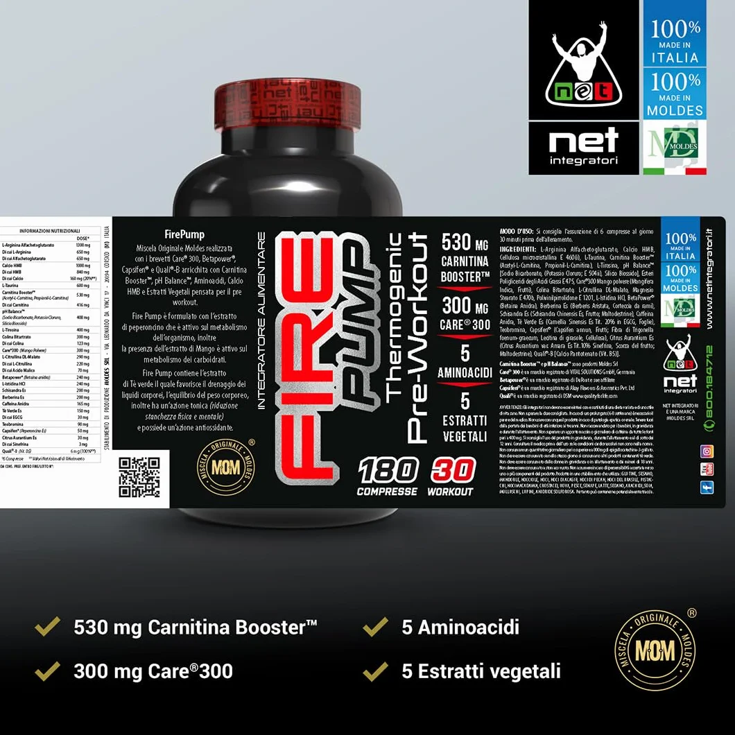 Net Integratori Fire Pump 180 cpr – Integratore Pre-Workout per la fase Cut – Propionyl-L-Carnitina e Acetyl-Carnitina per Energia Resistenza e Supporto alla Massa Muscolare