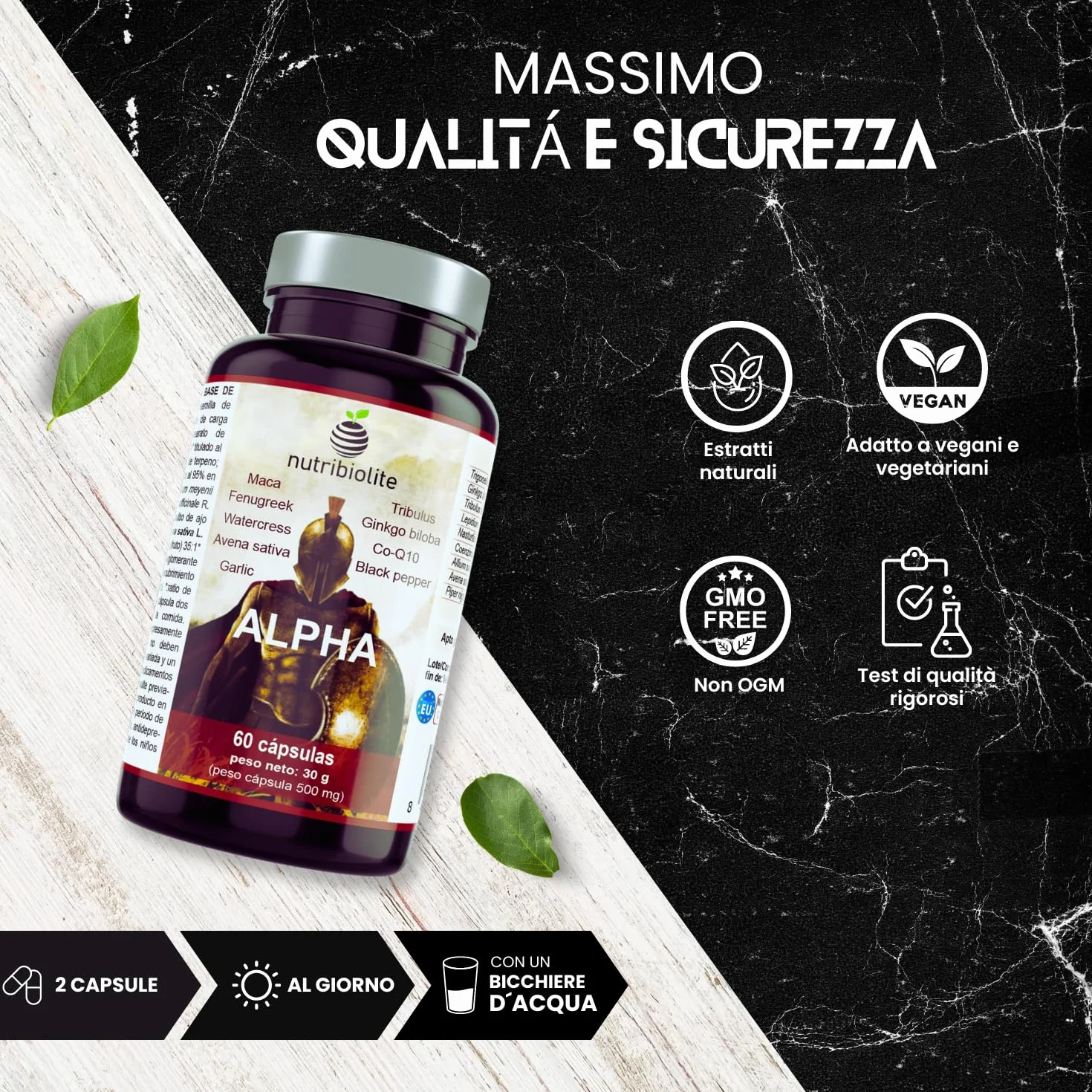Complesso Altamente Concentrato con Maca, Tribulus, Fieno Greco, Ginkgo, Co-Q10, Piperina. Forza + Resistenza + Energia. Pre-allenamento. 60 capsule vegane - ALPHA