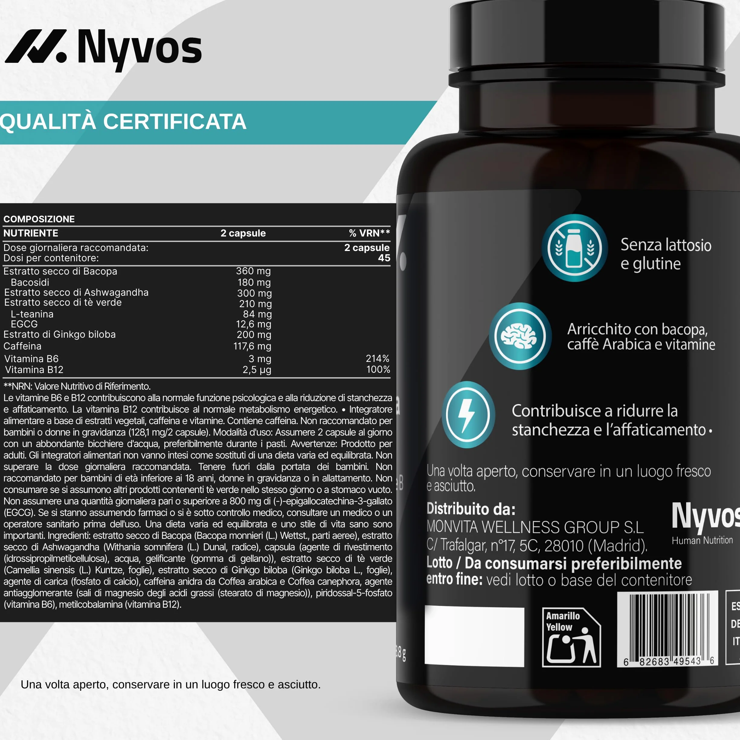 L Teanina, Ginkgo Biloba, Ashwagandha – Nootropico con Bacopa Monnieri, caffeina naturale, vitamine B6 & B12 ad alto dosaggio | Focus, concentrazione & energia senza nervosismo | 90 capsule vegane
