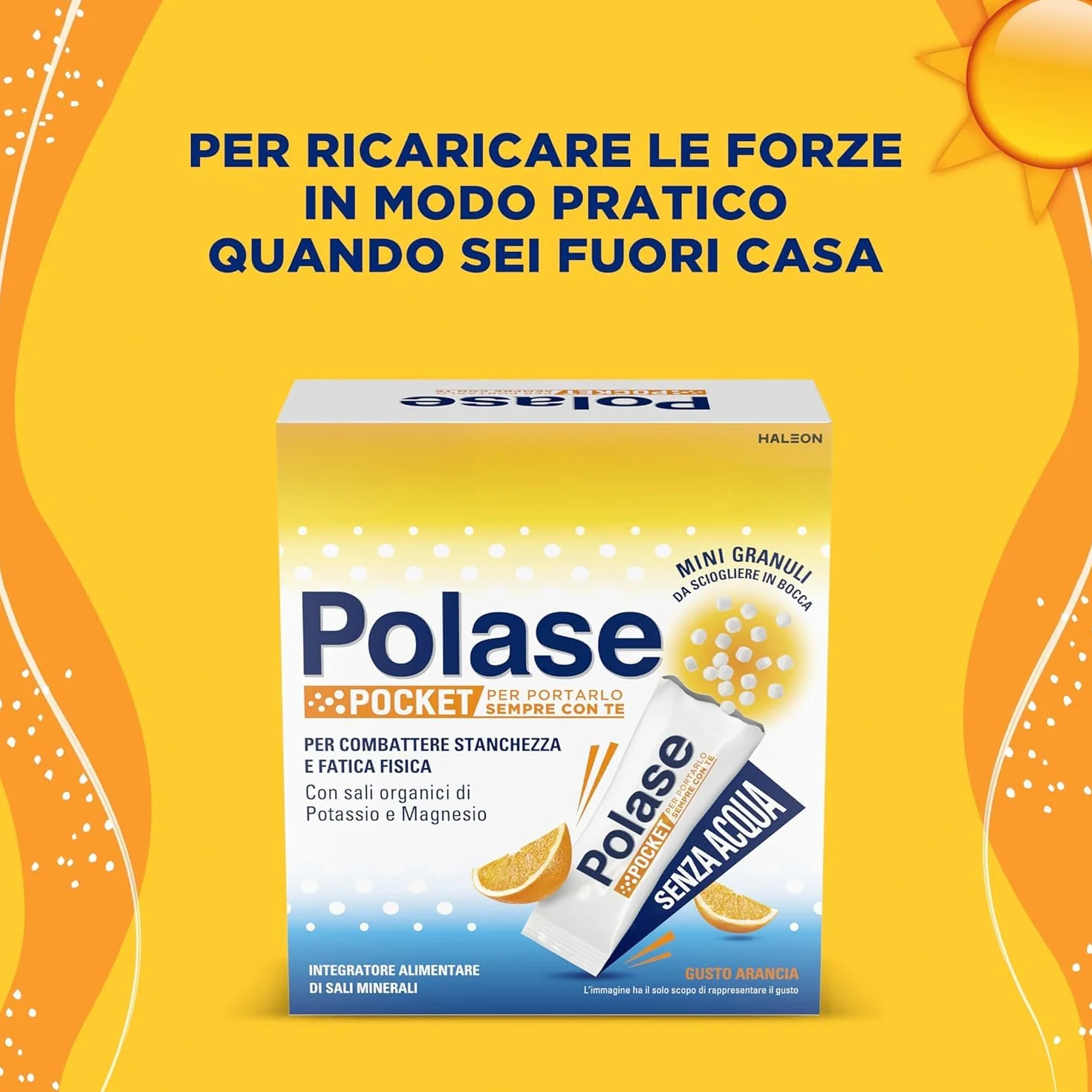 Polase Pocket, Integratore Alimentare di Magnesio e Potassio Contro Stanchezza e Fatica, Caldo, Gusto Arancia, 14 Stick orosolubili