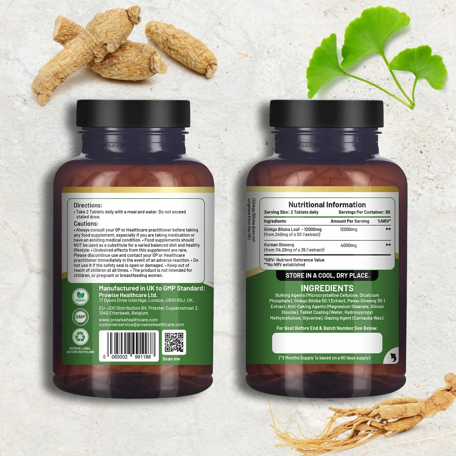 Ginkgo Biloba e Ginseng Coreano 16000mg 180 compresse vegane Prowise Healthcare