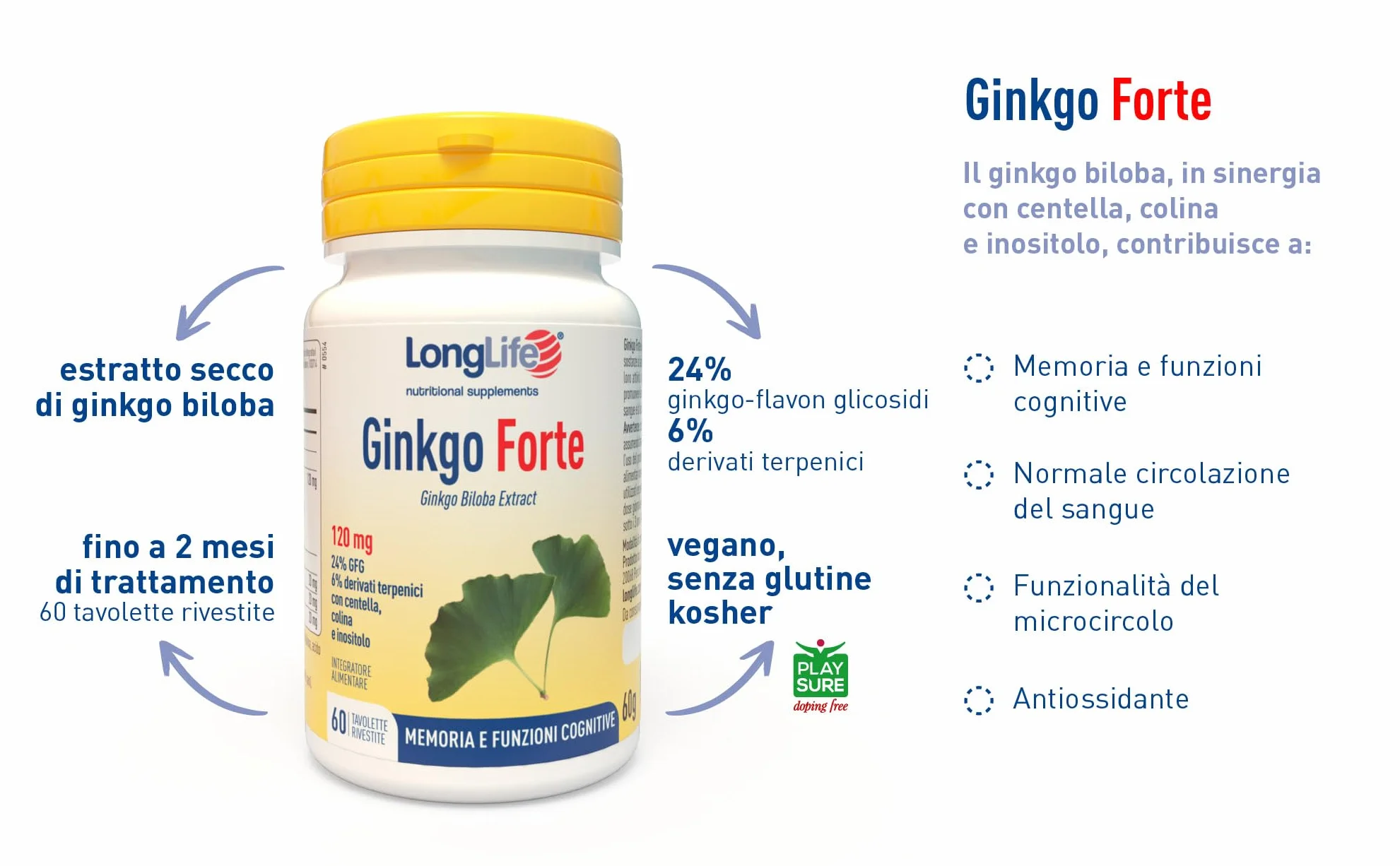 LongLife Ginkgo Forte Integratore di Ginkgo con Centella, Colina e Inositolo per Microcircolo, Memoria e Funzioni Cognitive