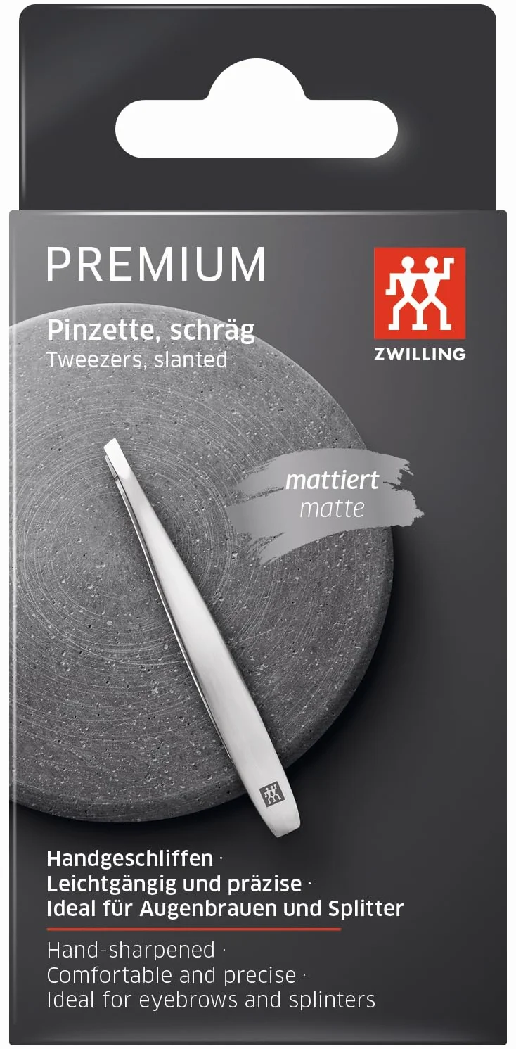 ZWILLING Pinzetta angolata (pinzatura delle sopracciglia, rimozione delle schegge, punte ruvide e affilate a mano, ipoallergeniche), premium, argento, 90 mm