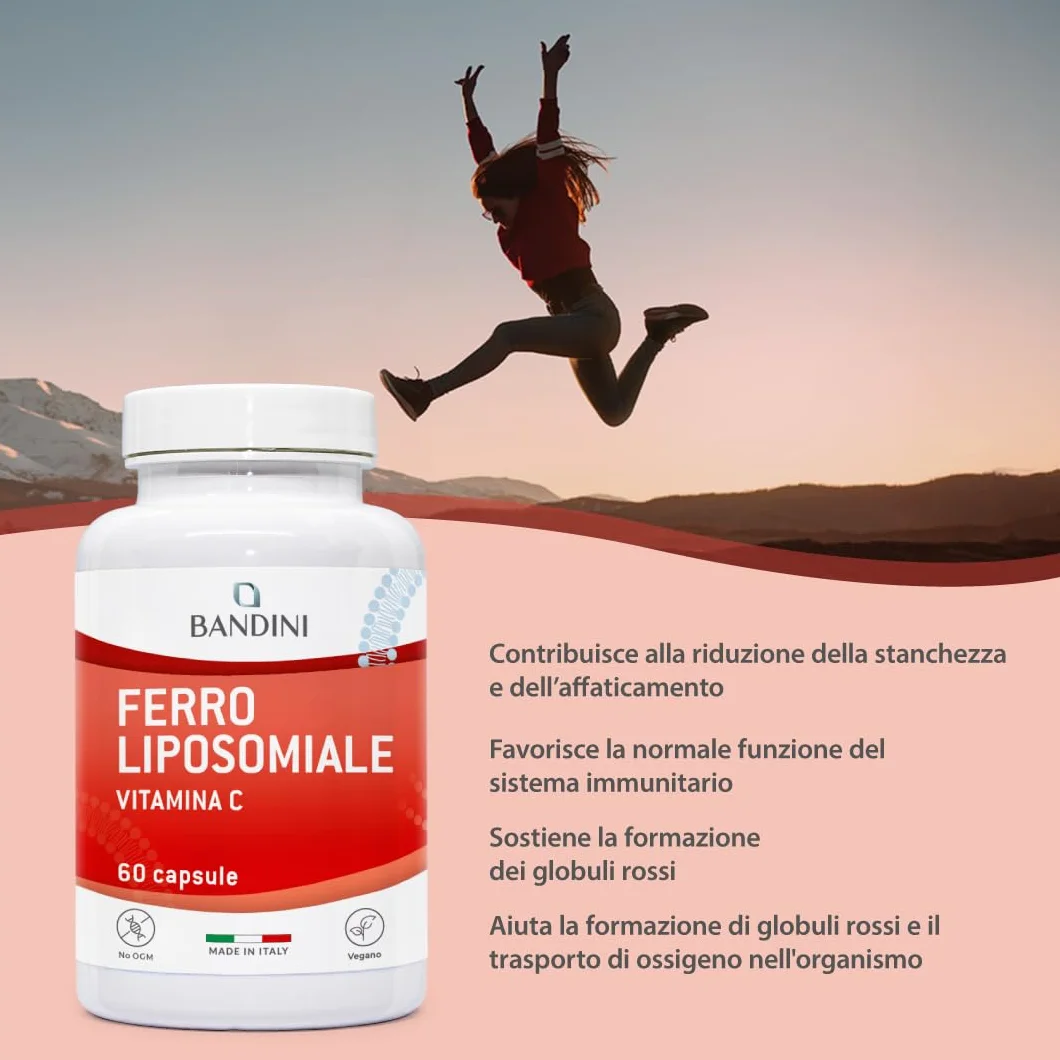 Bandini® Ferro Liposomiale Complex 30 mg – con Vitamina C, Acido Folico, B12, B6 e A – Alta Biodisponibilità e assorbimento, contro Stanchezza e Affaticamento – 60 Capsule per 2 mesi