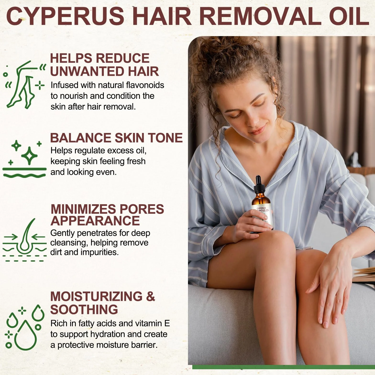 Olio di Cyperus Rotundus, Olio per rimozione dei peli Cyperus Rotundus 120ML – Ripara con peptidi, riduce la crescita dei peli e perfeziona i pori | Bloccante naturale del DHT per una pelle