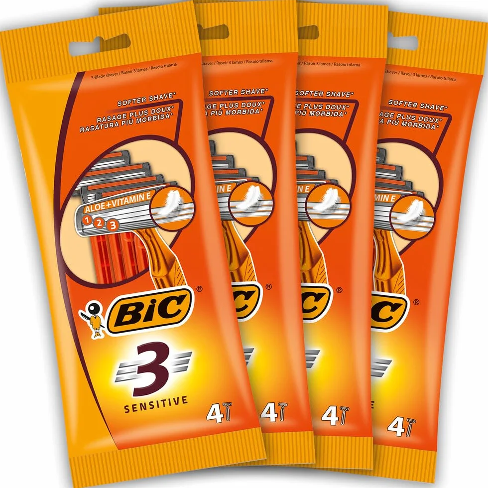 BIC 3 rasoi monouso da uomo, a testa fissa, tripla lama per una rasatura ravvicinata, confezione da 4 confezioni da 4