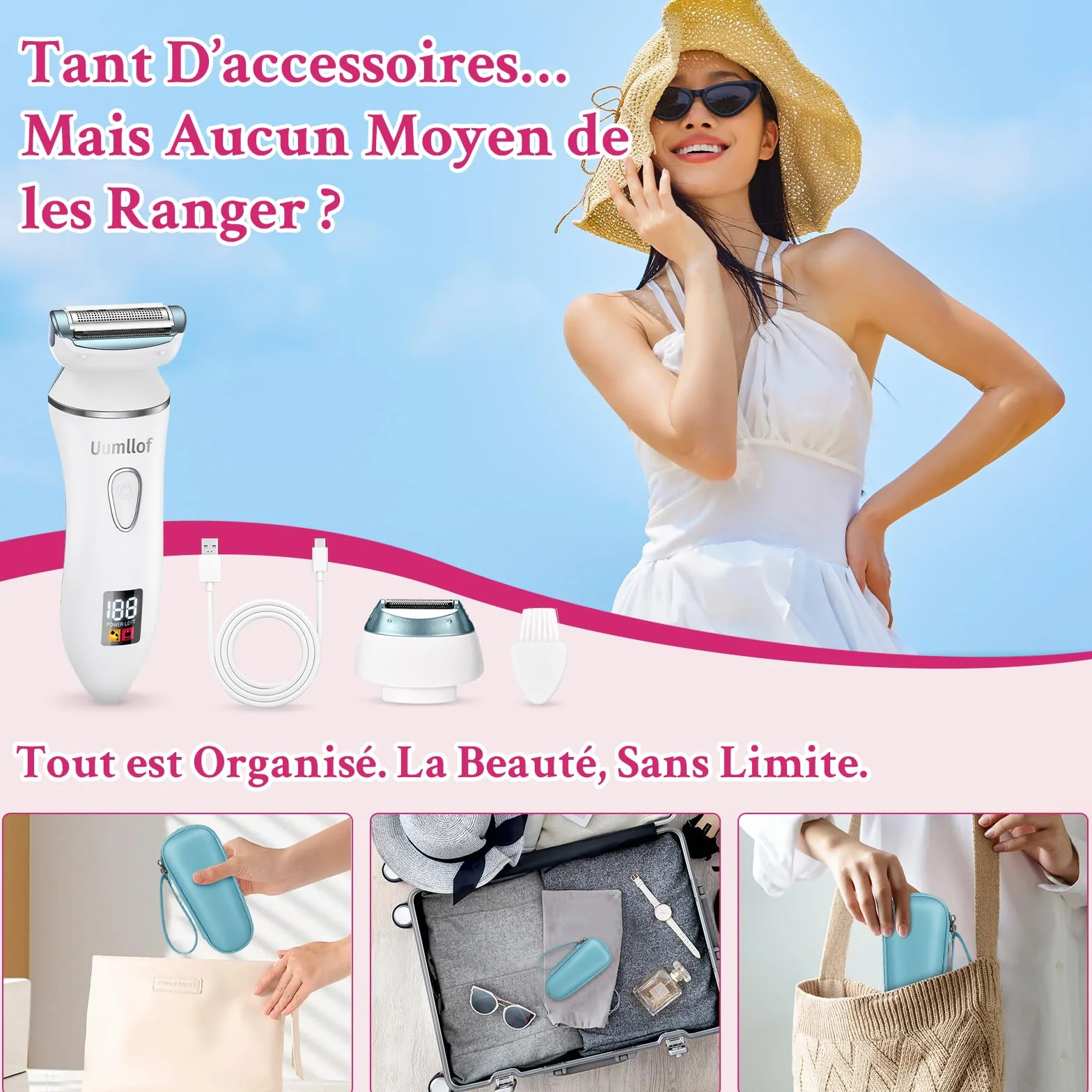 Rasoio Elettrico Donna 2 in 1, Rasoio Intimo Donna e Trimmer Bikini IPX7 Impermeabile, Trimmer Intima con Display LED per Gambe, Ascelle e Zona Intima con Custodia da Viaggio