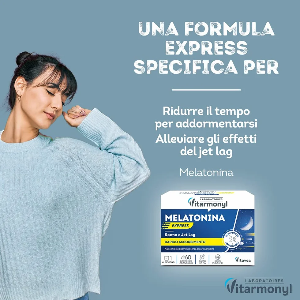 Vitarmonyl Melatonina Express 1 mg Integratore Sonno Jet Lag Compresse Orosolubili Rapido Assorbimento Gusto Menta 60 Compresse