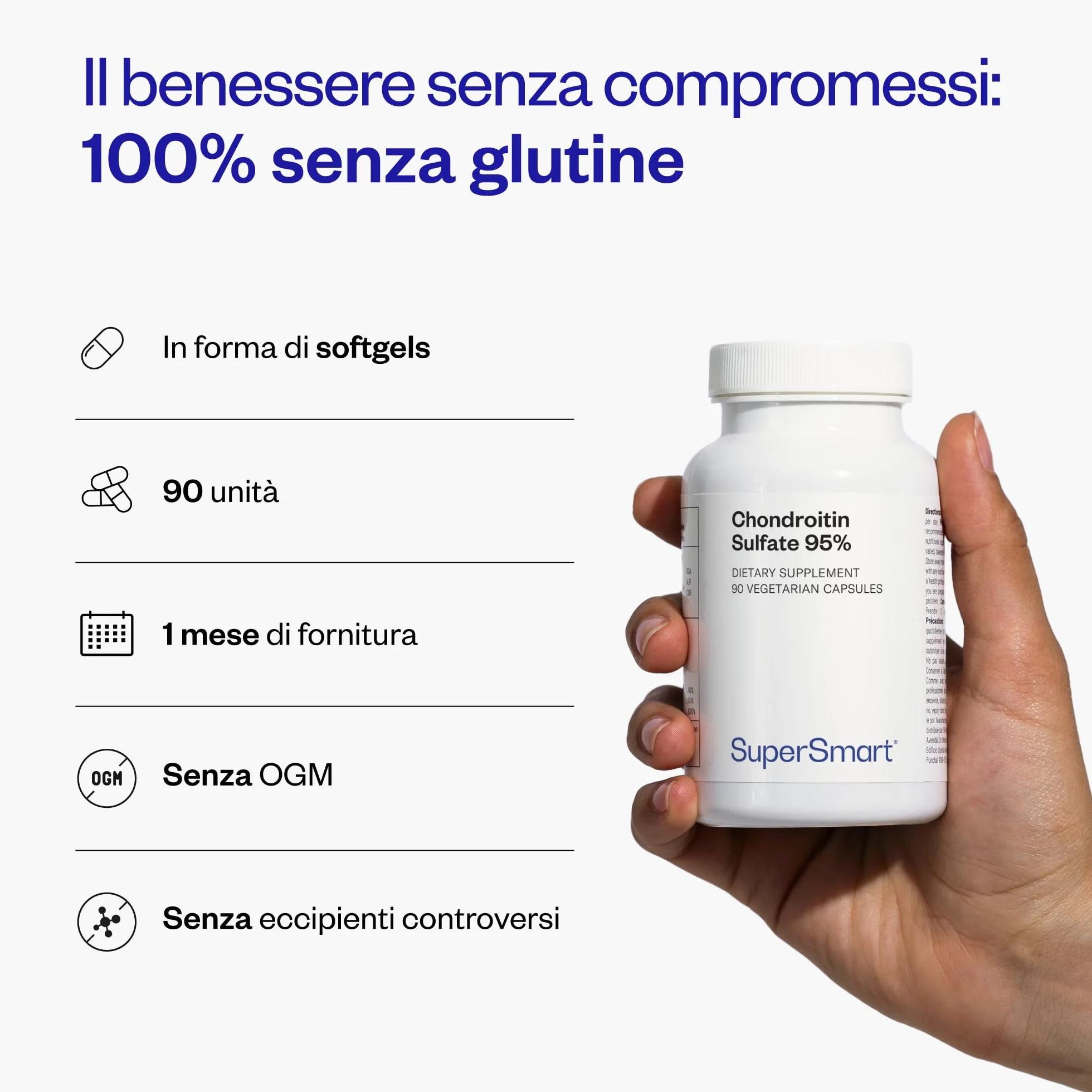 Condroitin solfato 95% - Aiuta ad alleviare i dolori articolari - Cura le articolazioni, le ossa e i muscoli - Purezza eccezionale (95%) - Senza OGM - SuperSmart