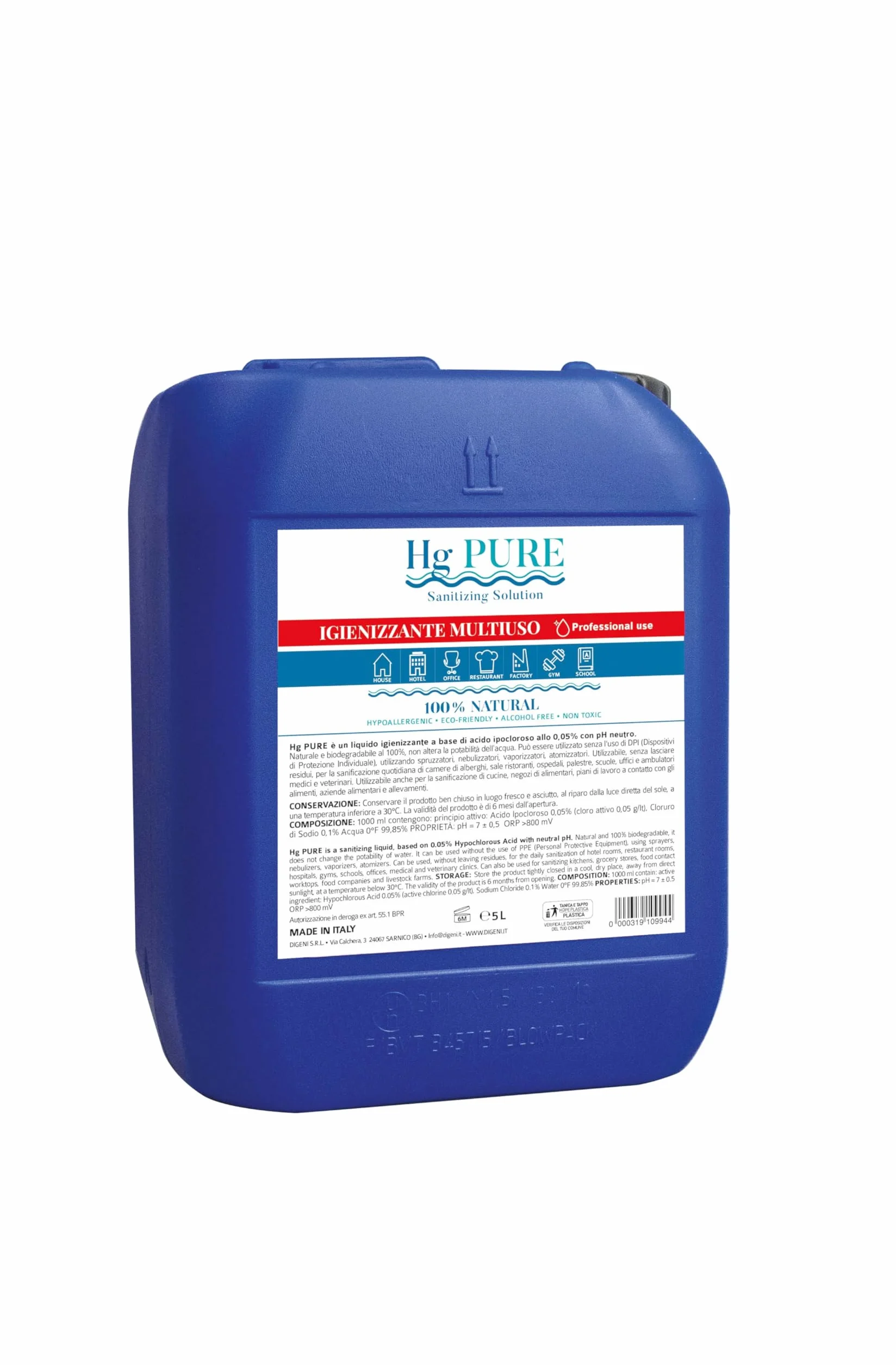 Hg Pure Disinfettante Igienizzante Liquido 5 litri Antibatterico Sanificante no Alcool Made in Italy