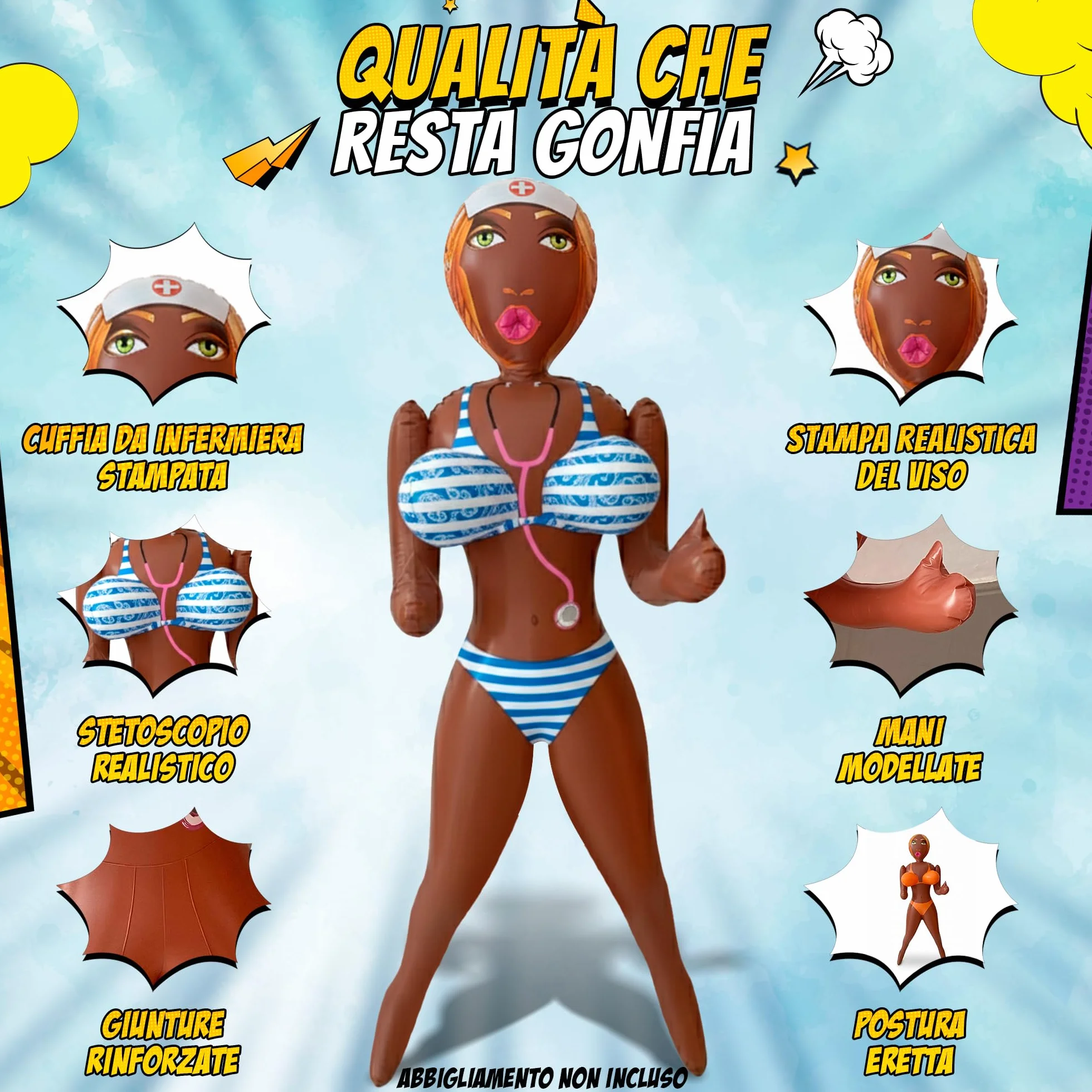 Bambola Gonfiabile Donna con Fascia per Addio al Celibato e Confezione Originale - Altezza 150 cm - Nurse Nikki