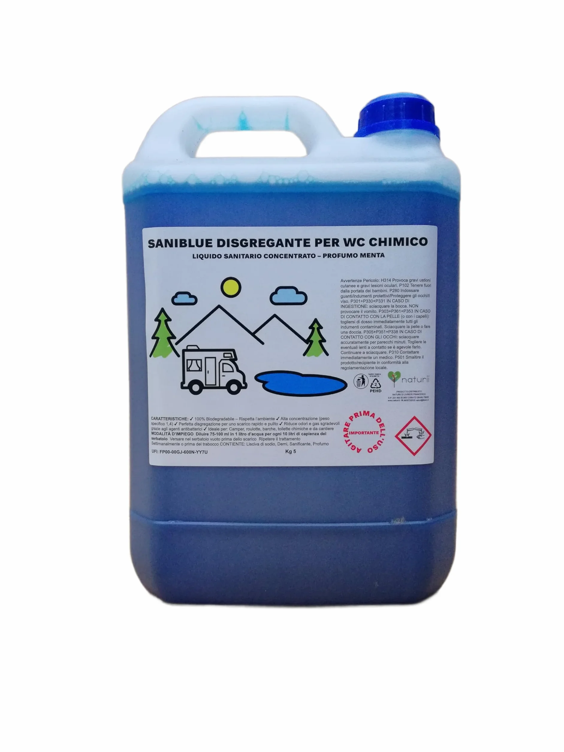 Saniblue Liquido Sanitario Disgregante Concentrato per Wc Chimico, 5 kg per Serbatoio Camper, roulotte Gabinetto da Campeggio, Acque Nere, WC Portatile portatili Toilette chimiche profumo agrumi