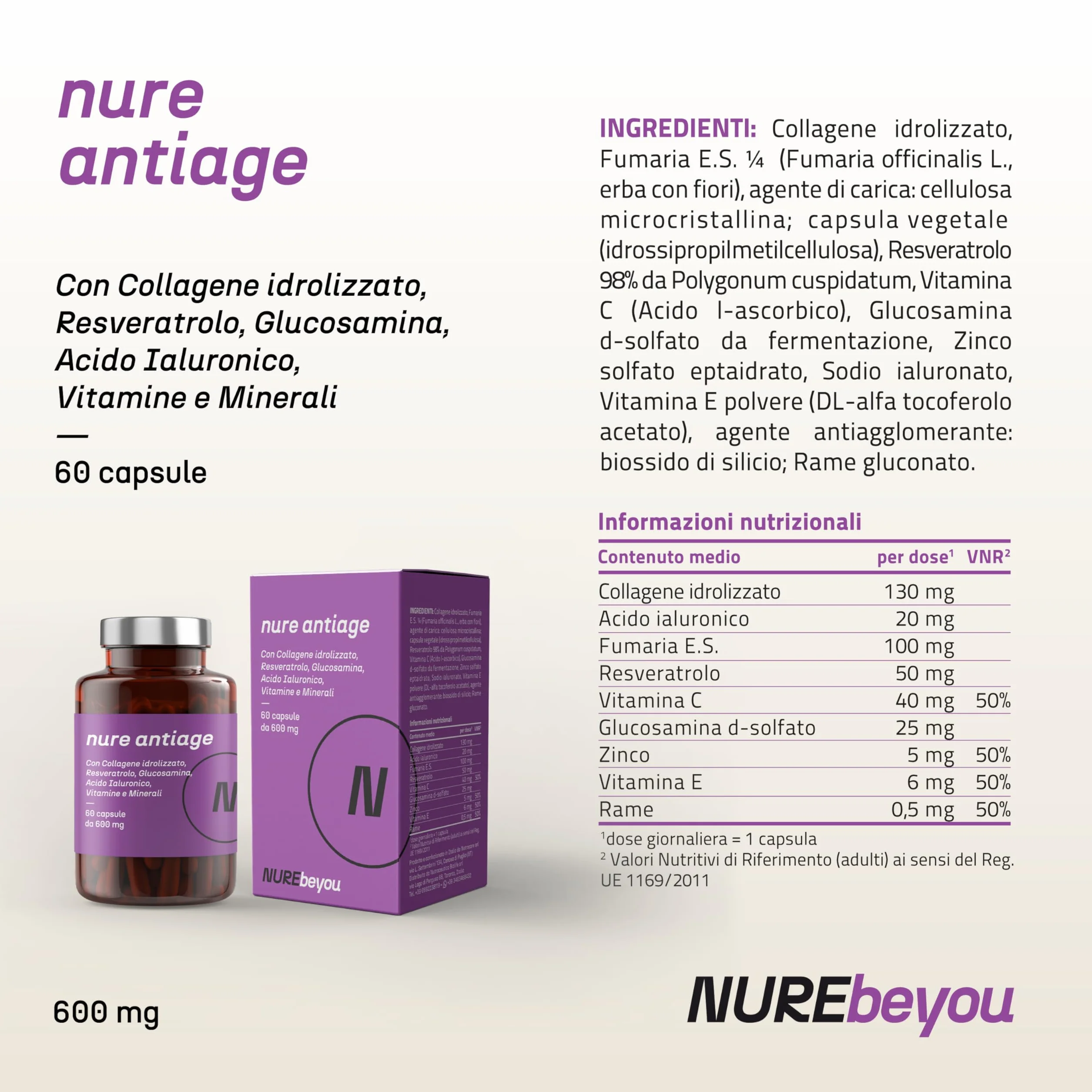 NURE Antiage 60cps Integratore Anti-invecchiamento Collagene Acido Ialuronico Viso
