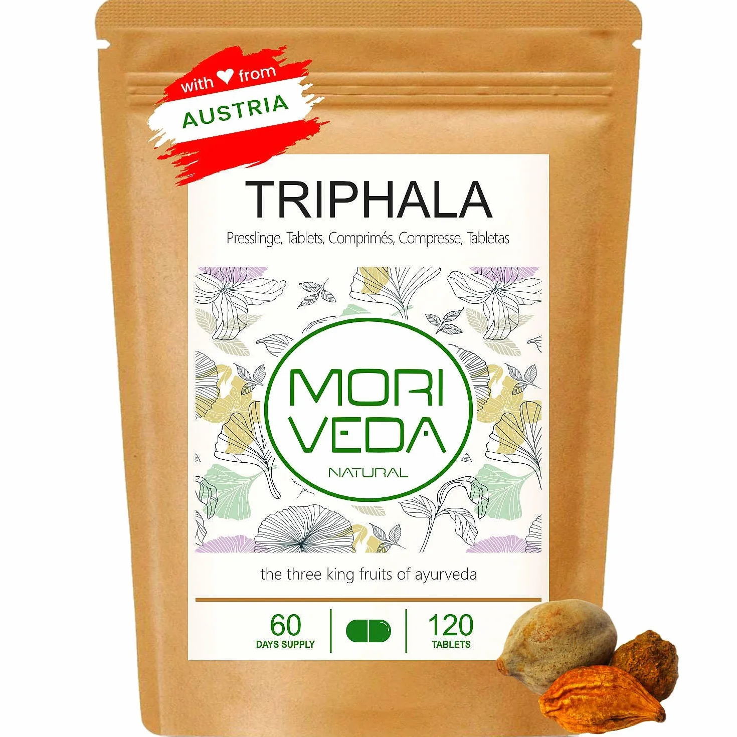 MoriVeda Compresse di Triphala 1000 mg, miscela ayurvedica di tre frutti con Amla, Haritaki e Bibhitaki, integratore alimentare vegetale vegano, 120 compresse