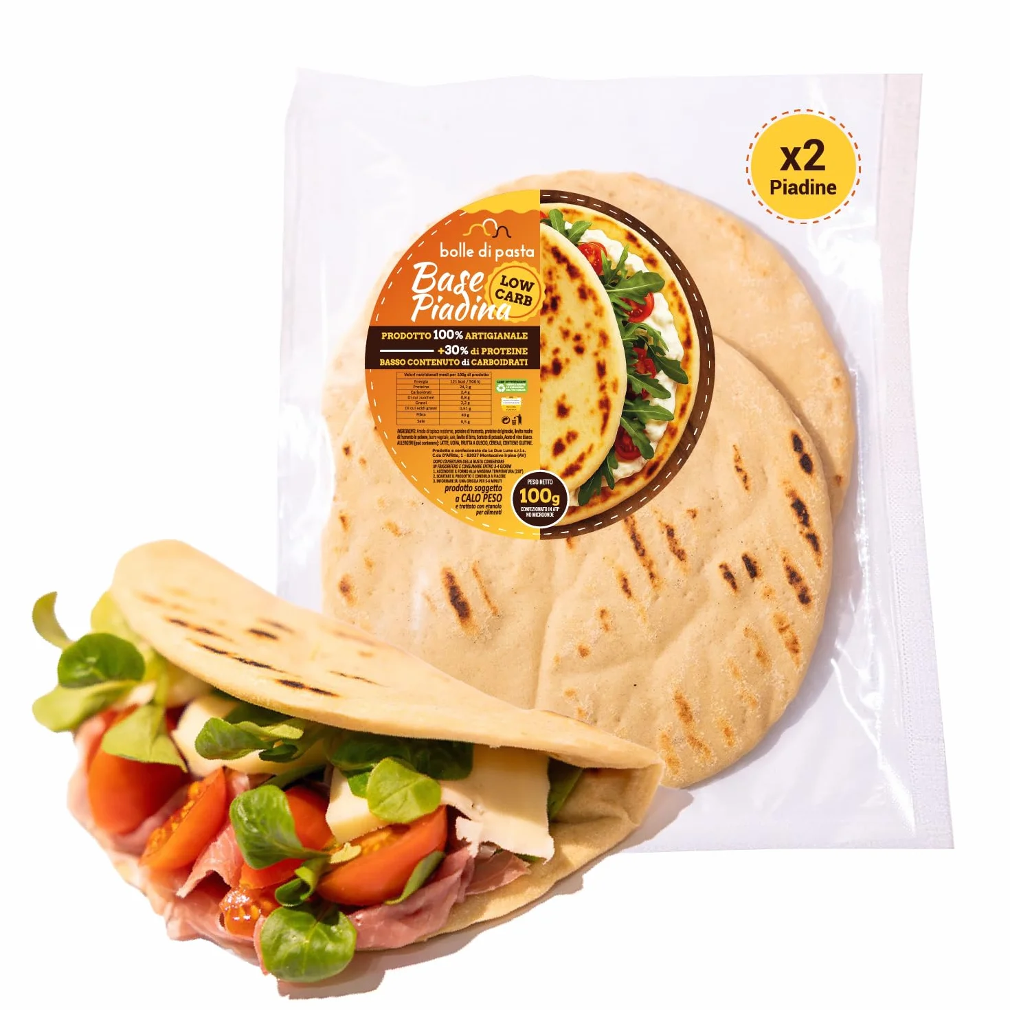 Bolle di Pasta® Base Piadina Low Carb Keto – Piadine Proteiche 100 g – +30% Proteine, Basso Contenuto di Carboidrati – Ideale per Dieta Low Carb e Chetogenica – Piadina Artigianale (3 Confezioni)