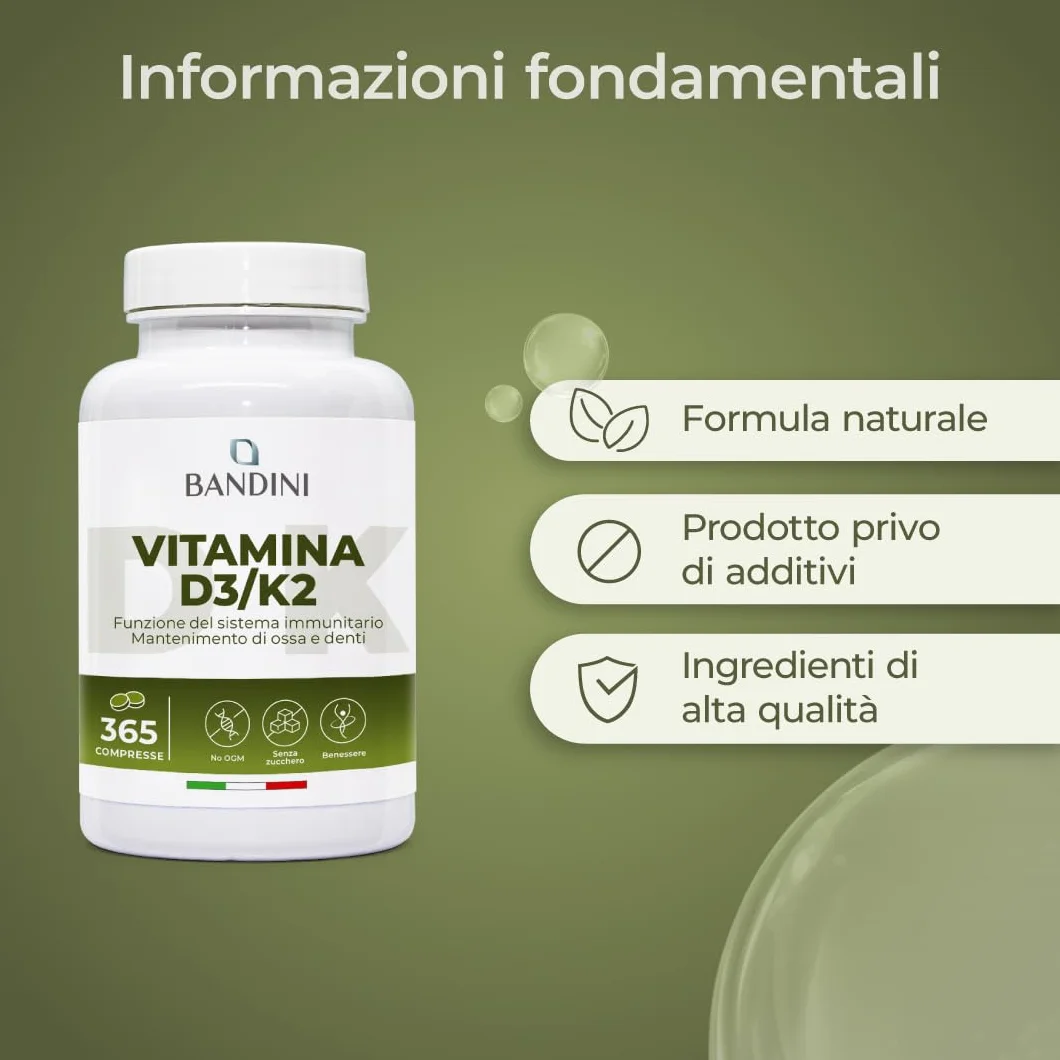 Bandini Vitamina D3 K2 365 Compresse 2000 UI + 200 mcg MK-7 99% All Trans per Ossa Denti Muscoli Articolazioni Sistema Immunitario