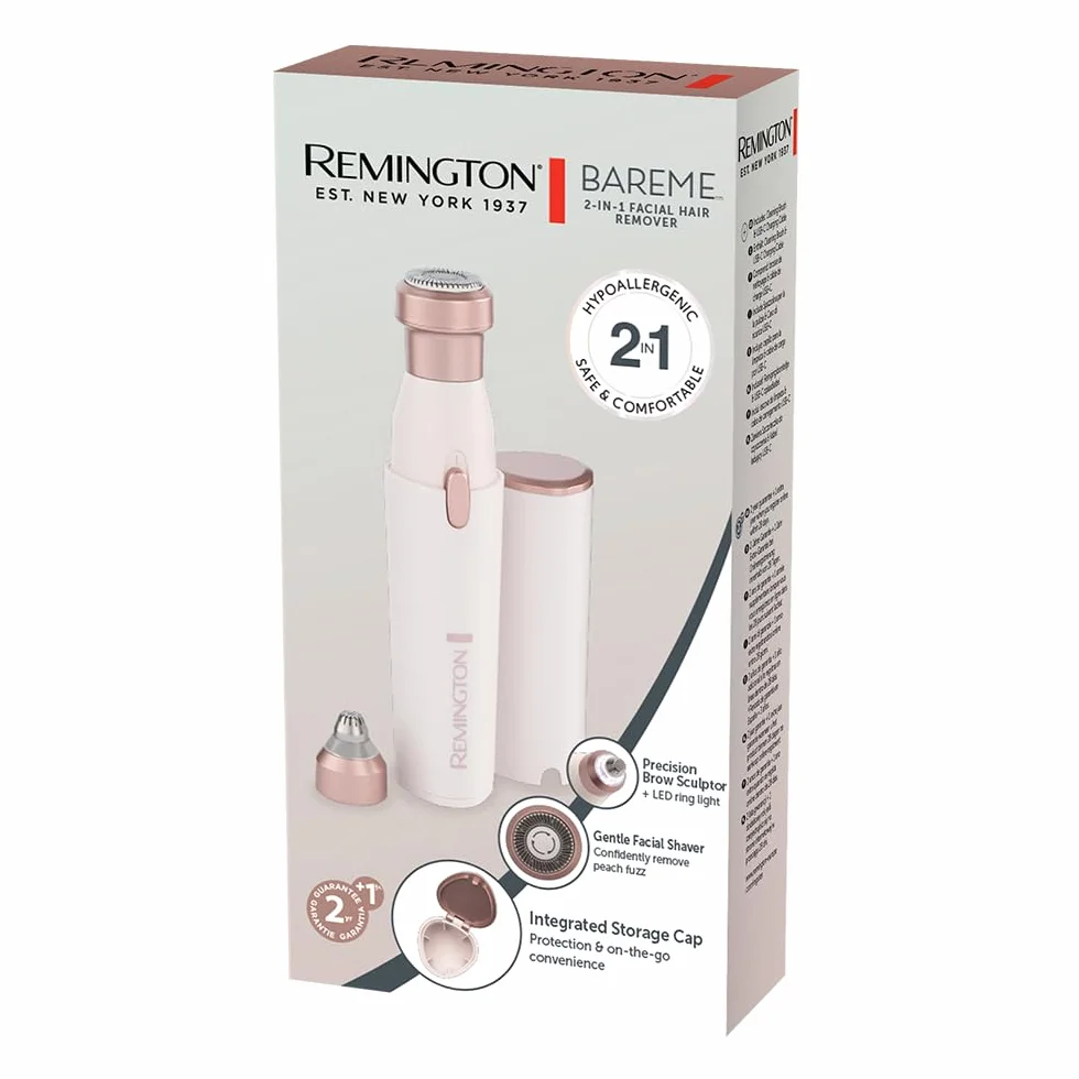 Remington Rasoio Viso Donna 2 in 1 con Rifinitore Sopracciglia Waterproof e Ricarica USB-C Indolore con Luce LED per Labbro Mento Guance BareMe WFS200