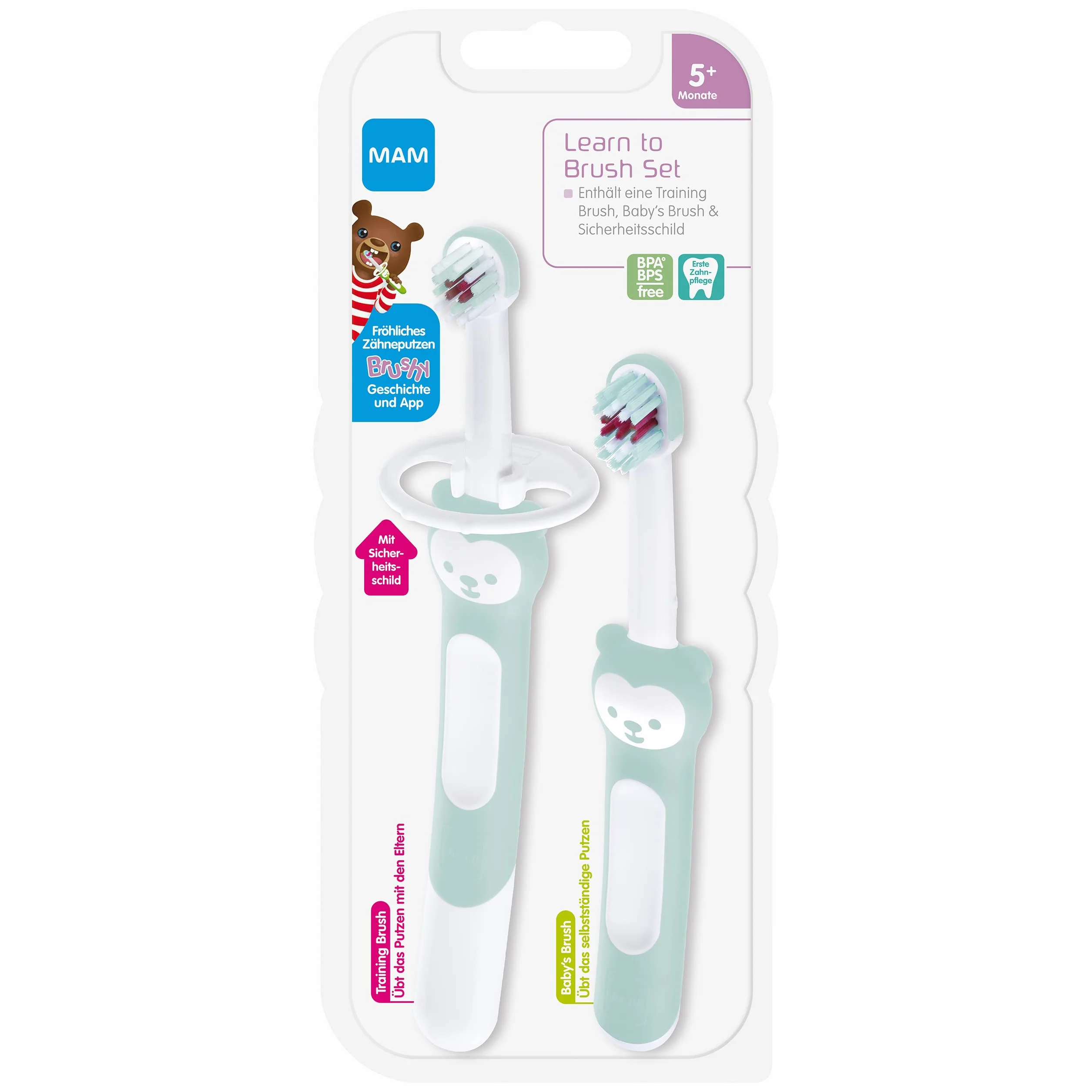 MAM Learn to Brush Set spazzolino da denti per bambini con manico lungo per tenere insieme, spazzolino da denti per bambini allena a lavarsi i denti, a partire dai 5 mesi in su, turchese, 1 pezzo