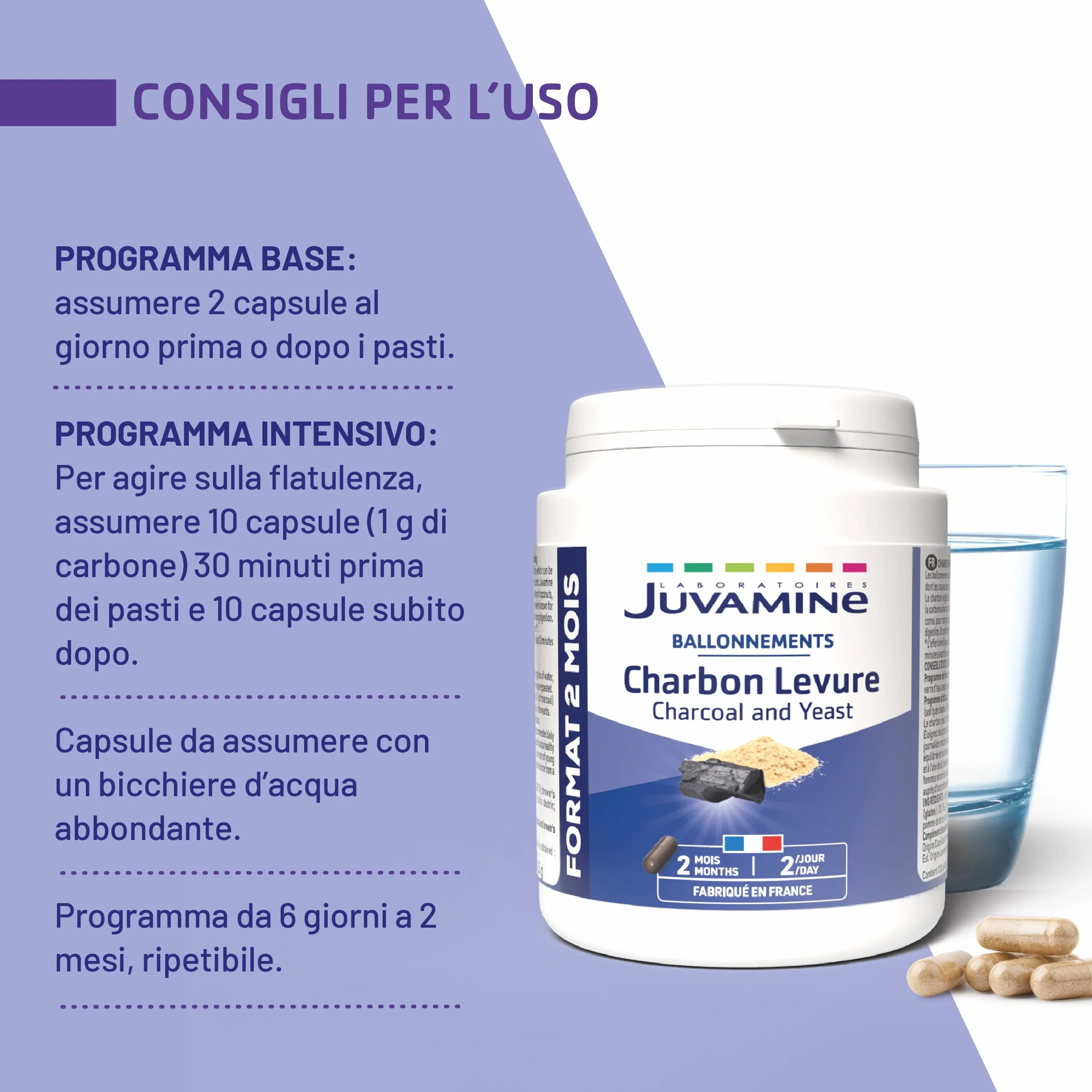 JUVAMINE Digestione Carbone di lievito Gas intestinale 120 Capsule Formato Maxi