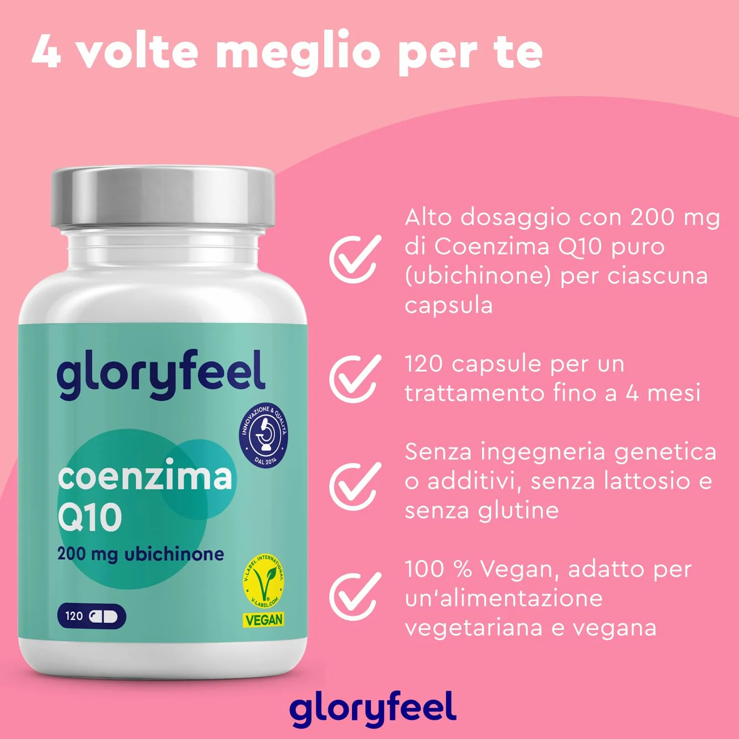 Q10 Coenzima 200 mg Puro, 120 Capsule Ad Alto Dosaggio (Scorta Per 4 Mesi), Coenzima Q10 Integratore Antiossidante Antiage, Capsule di Ubichinone, 100% Vegan, Testato in Laboratorio