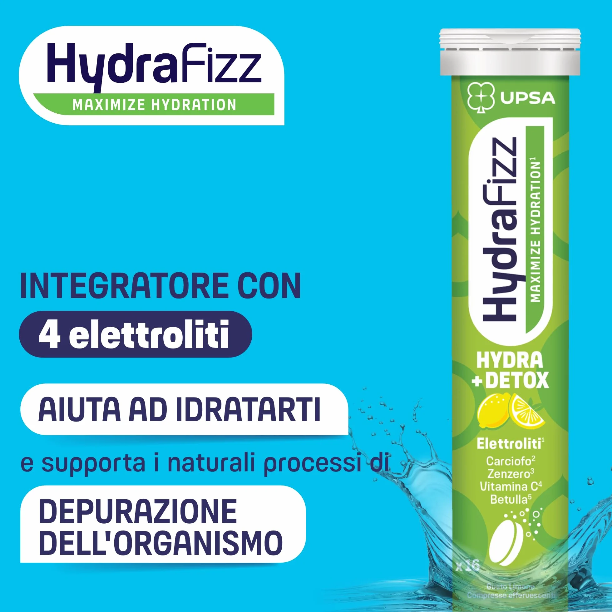 UPSA Hydrafizz Detox 16 Compresse Effervescenti Integratore Alimentare con Elettroliti Carciofo Zenzero Gusto Limone