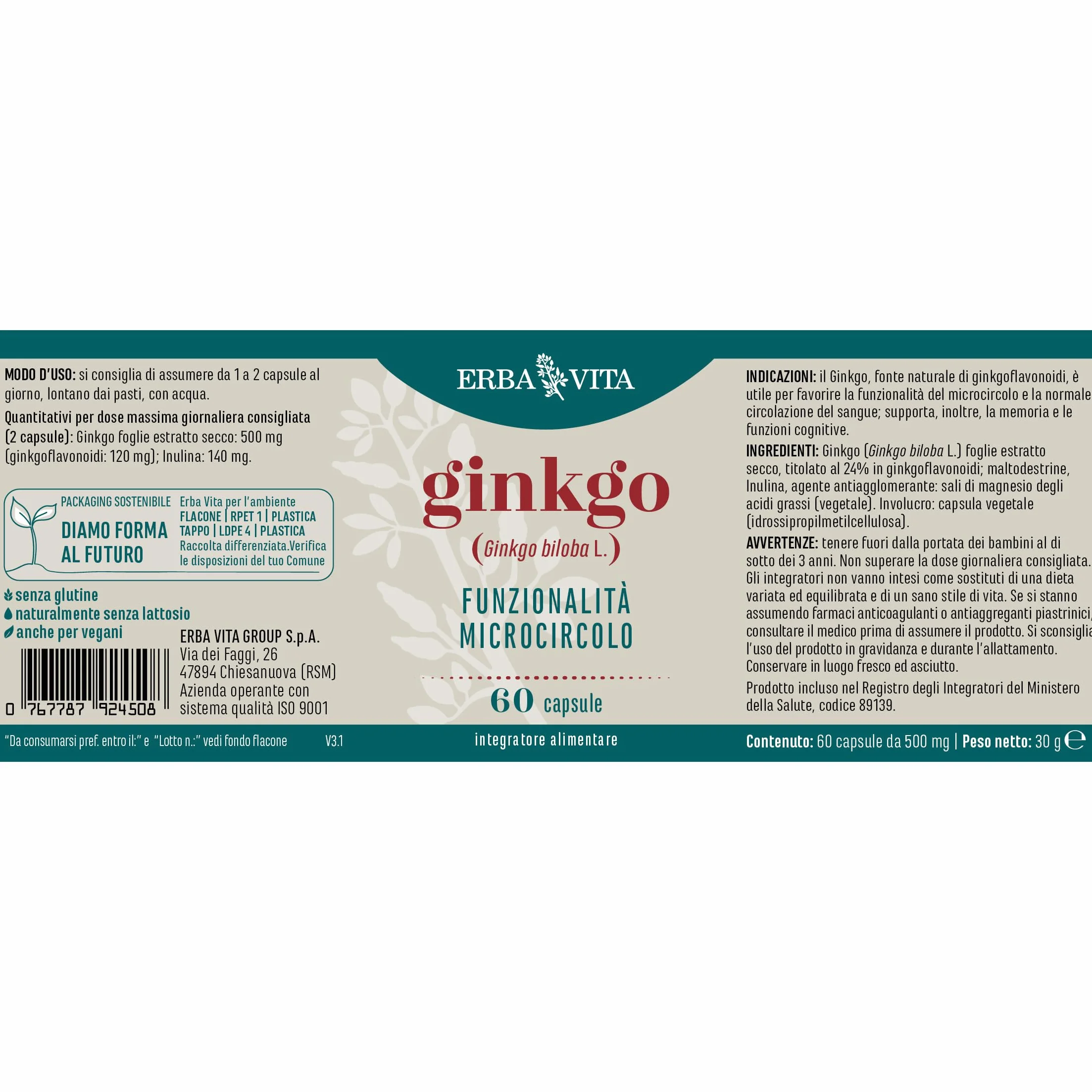 Erba Vita Integratore Alimentare Ginkgo 60 Capsule